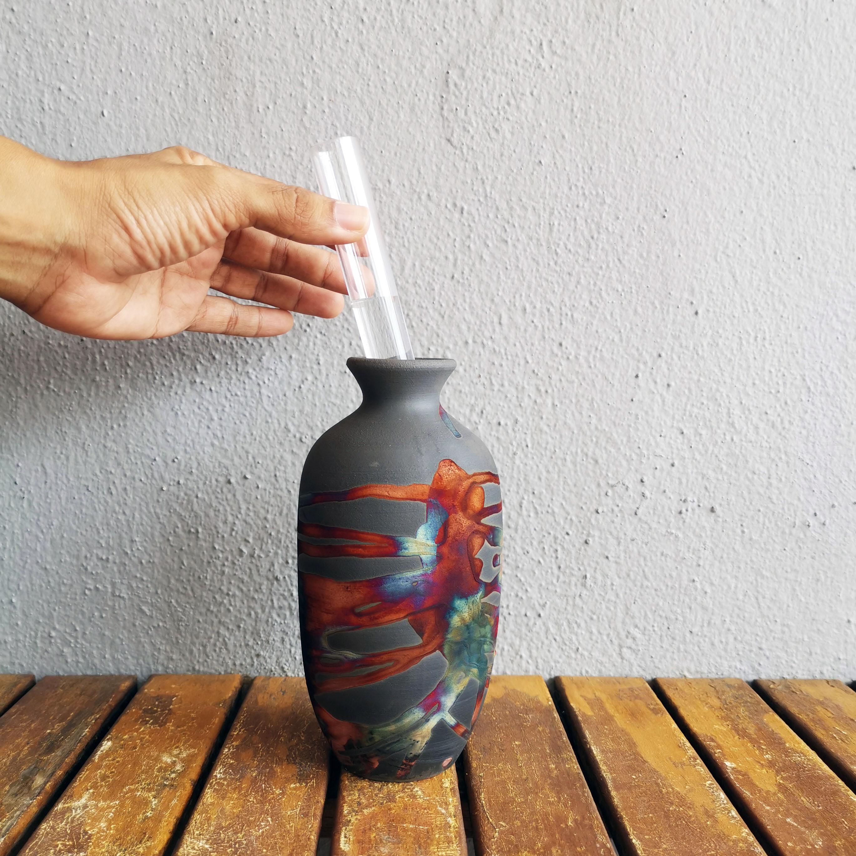 Malaysian Koban 2 Pack Raku Pottery Vase with Water Tube - Half Copper Matte - Handmade For Sale