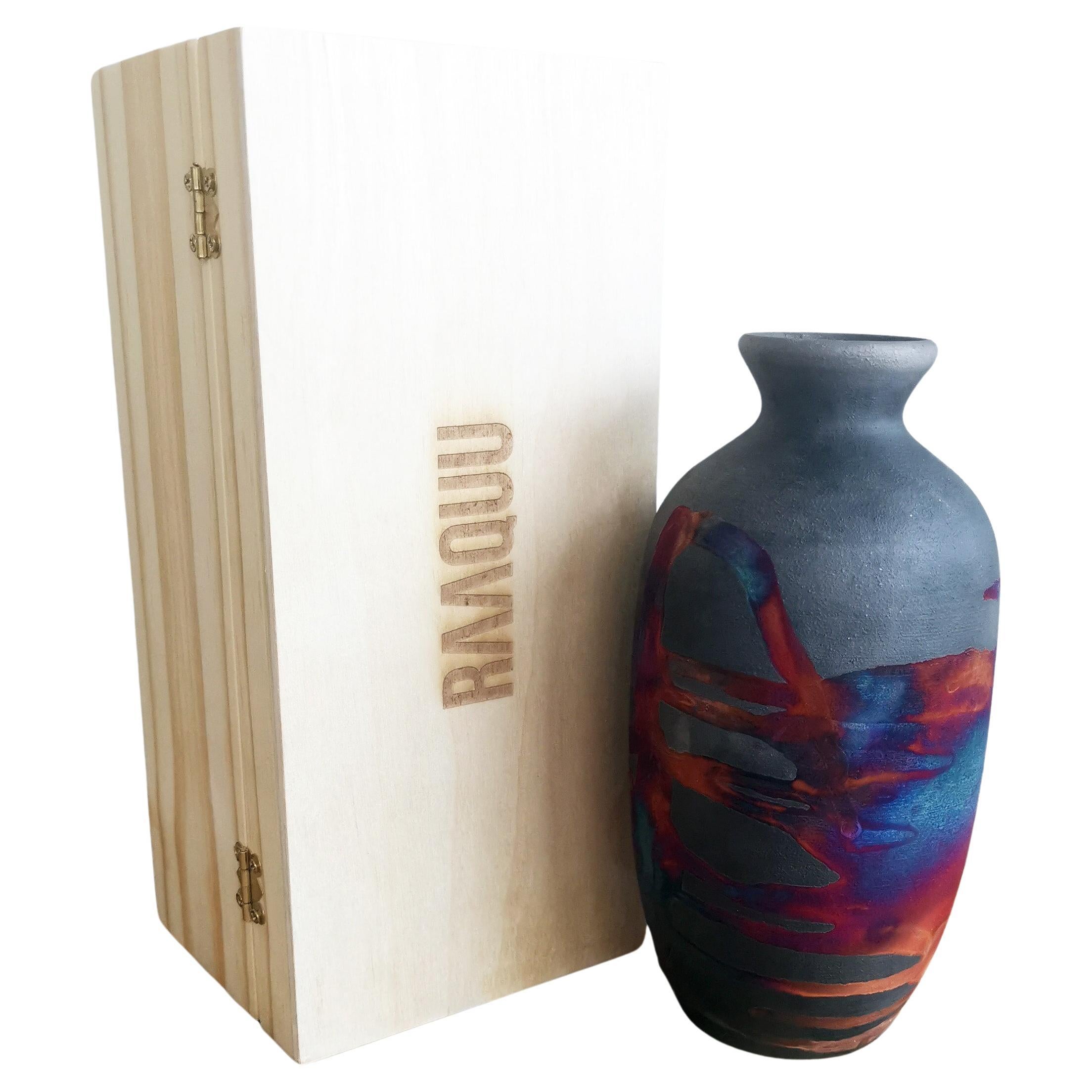 Vase en poterie Koban Raku avec boîte cadeau - Cuivre au carbone - Céramique faite à la main