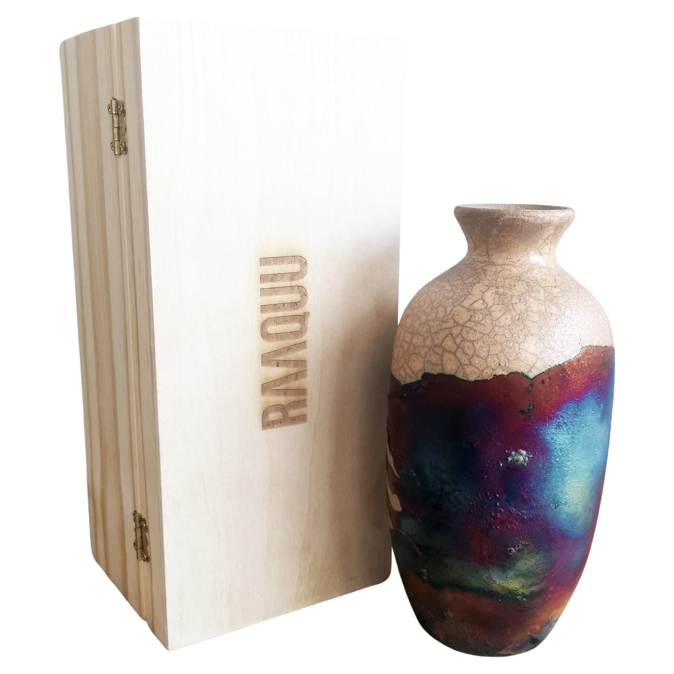 Koban Raku Pottery Vase with Gift Box, Half Copper Matte, Handmade Ceramic For Sale