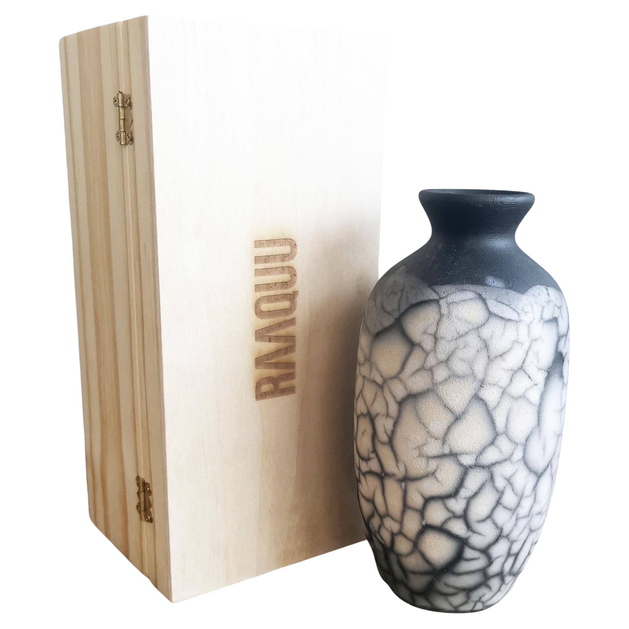 Koban Raku Pottery Vase with Gift Box - Smoked Raku - Handmade Ceramic For Sale