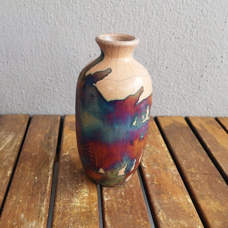 Koban Raku Pottery Vase with Water Tube Half Copper Matte Handmade