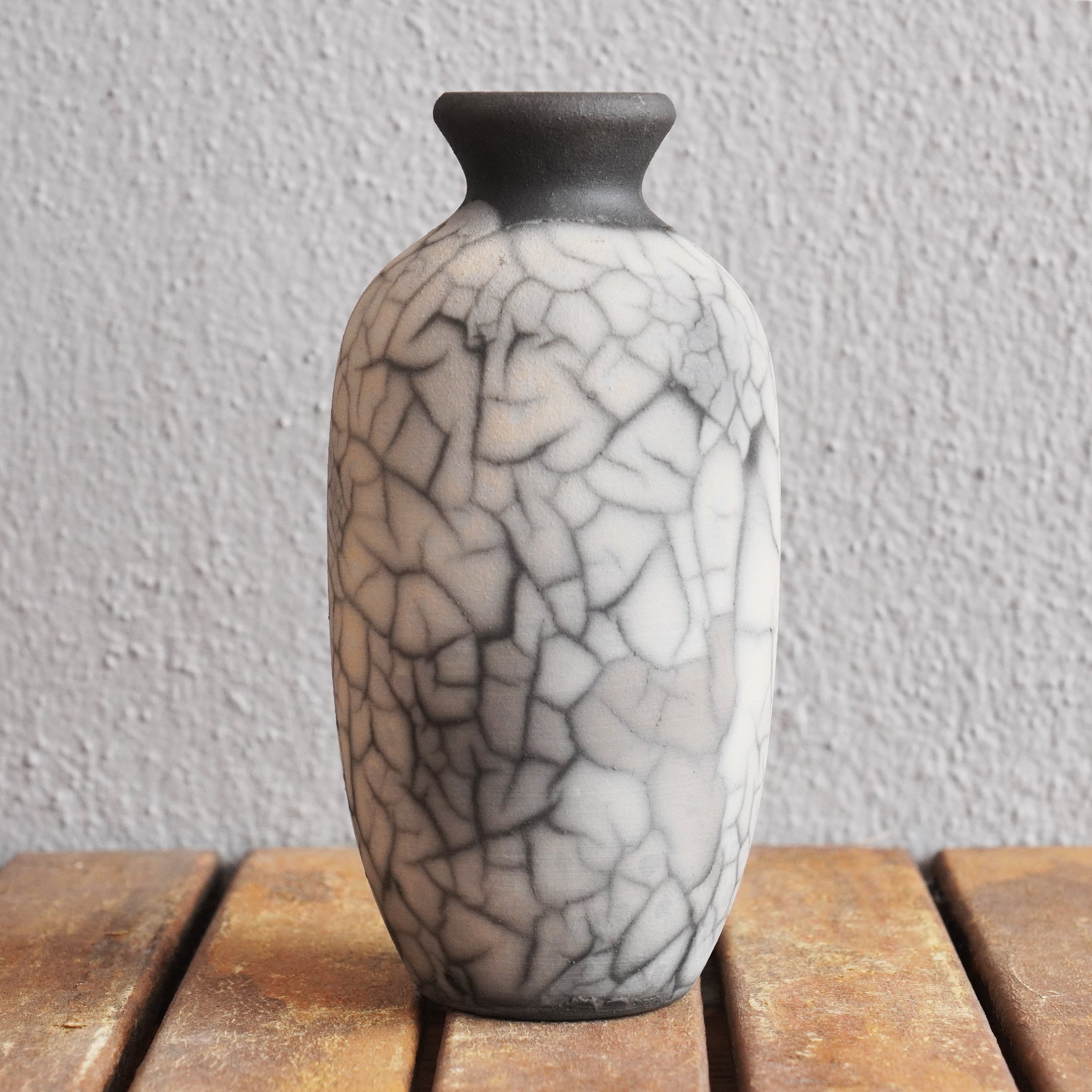 Koban Raku Pottery Vase with Water Tube - Smoked Raku - Handmade Ceramic For Sale