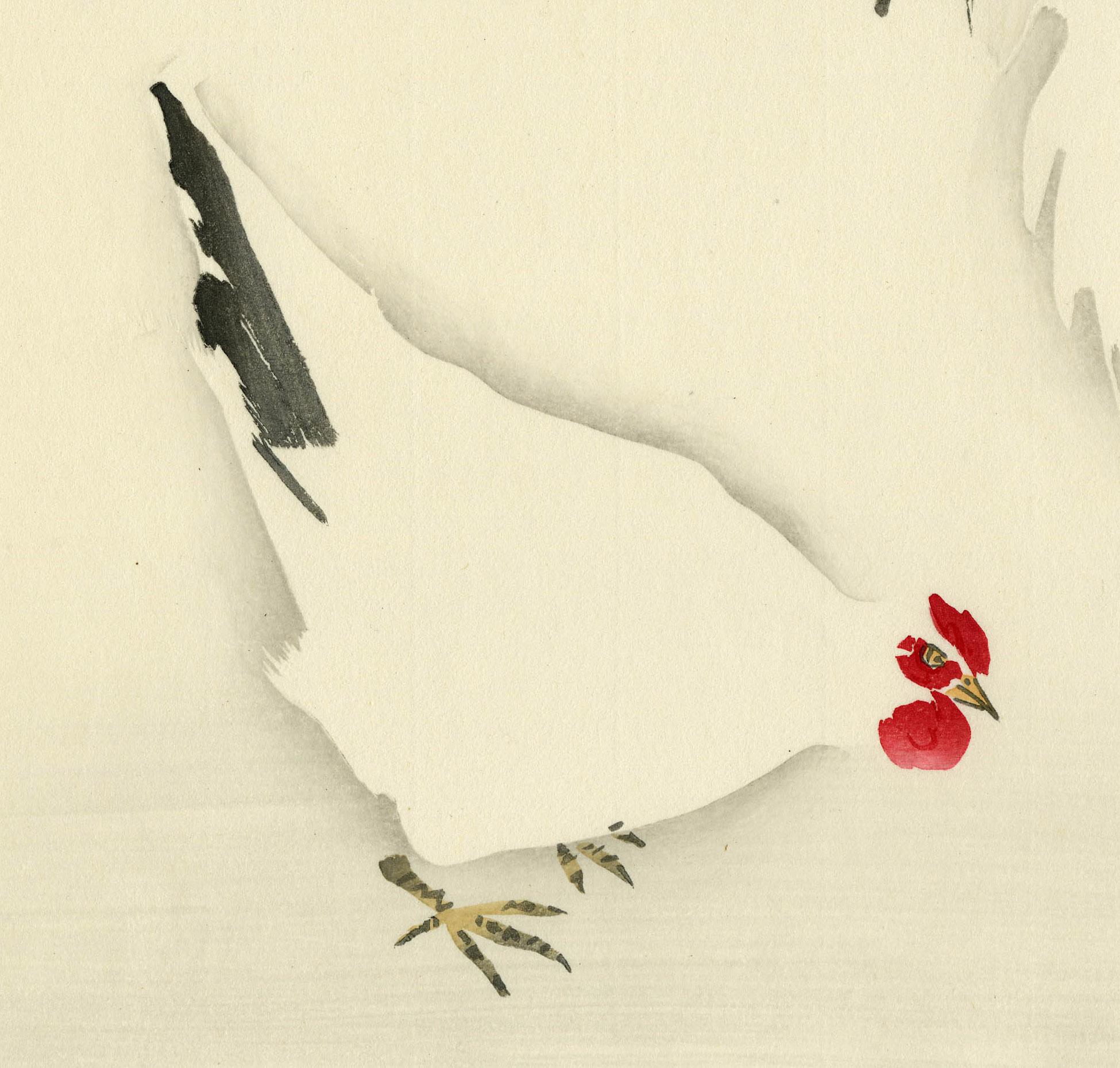 Chicken and Rooster
Color woodcut with embossing, 1914-1915
Signed: Kiyochika (see photo_
Seal: Artist's red signature seal (See photo)
Publisher: Watanabe (see photo)
Format: Oban
Condition: Excellent
Image size: 11 3/8 x 15 5/8 inches
Provenance: