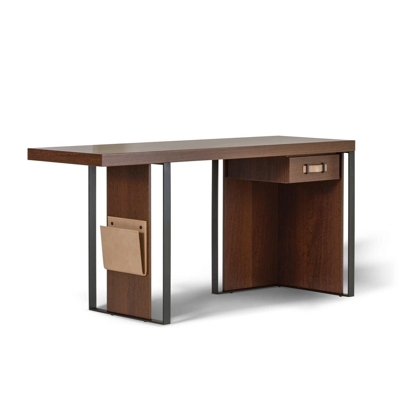 In this superb desk, neat and sharp lines are meant to enhance its luxury details. The asymmetrical frame blends black-varnished metal profiles with bold components in honey-hued walnut wood as the sturdy, rectangular top and the right column