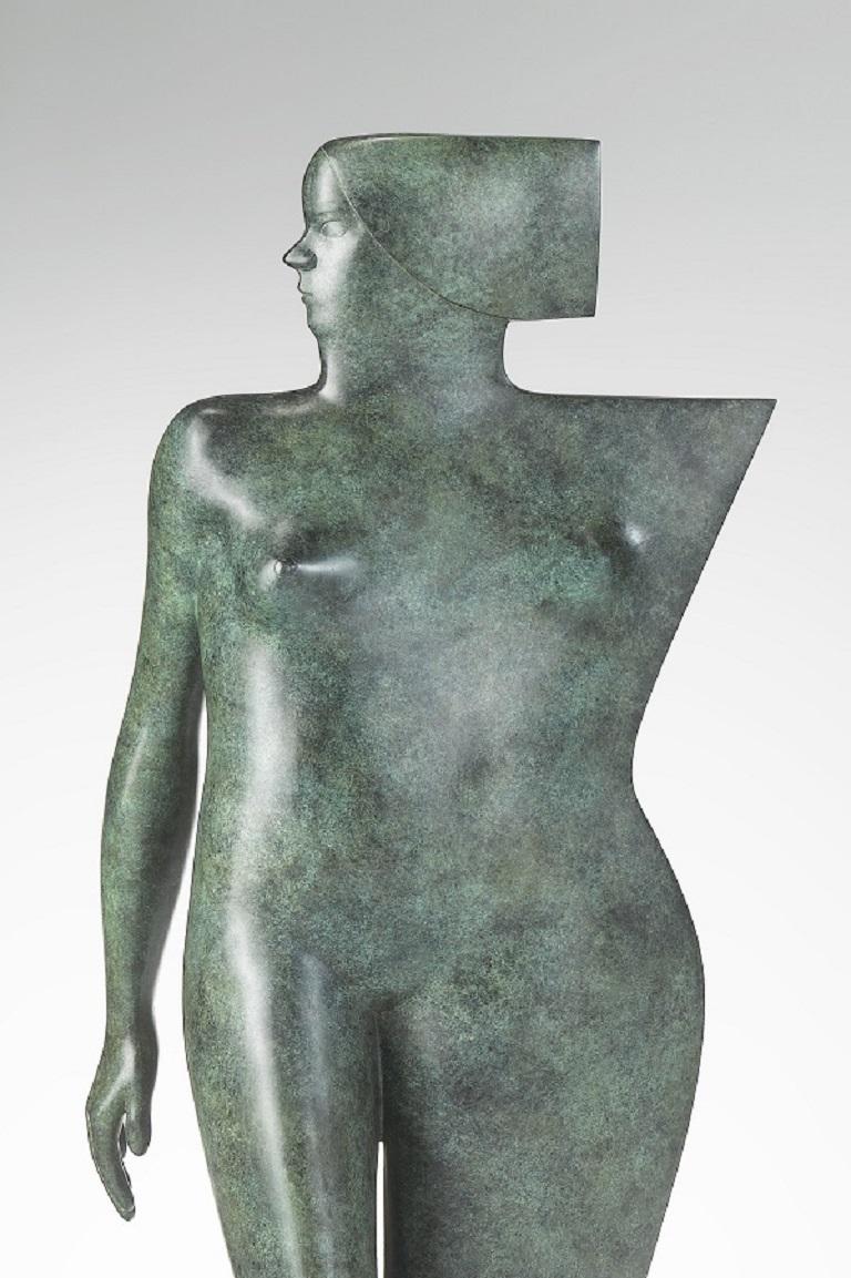 Careful Bronze Sculpture Lady Woman Standing Portrait Contemporary - Gold Figurative Sculpture by KOBE