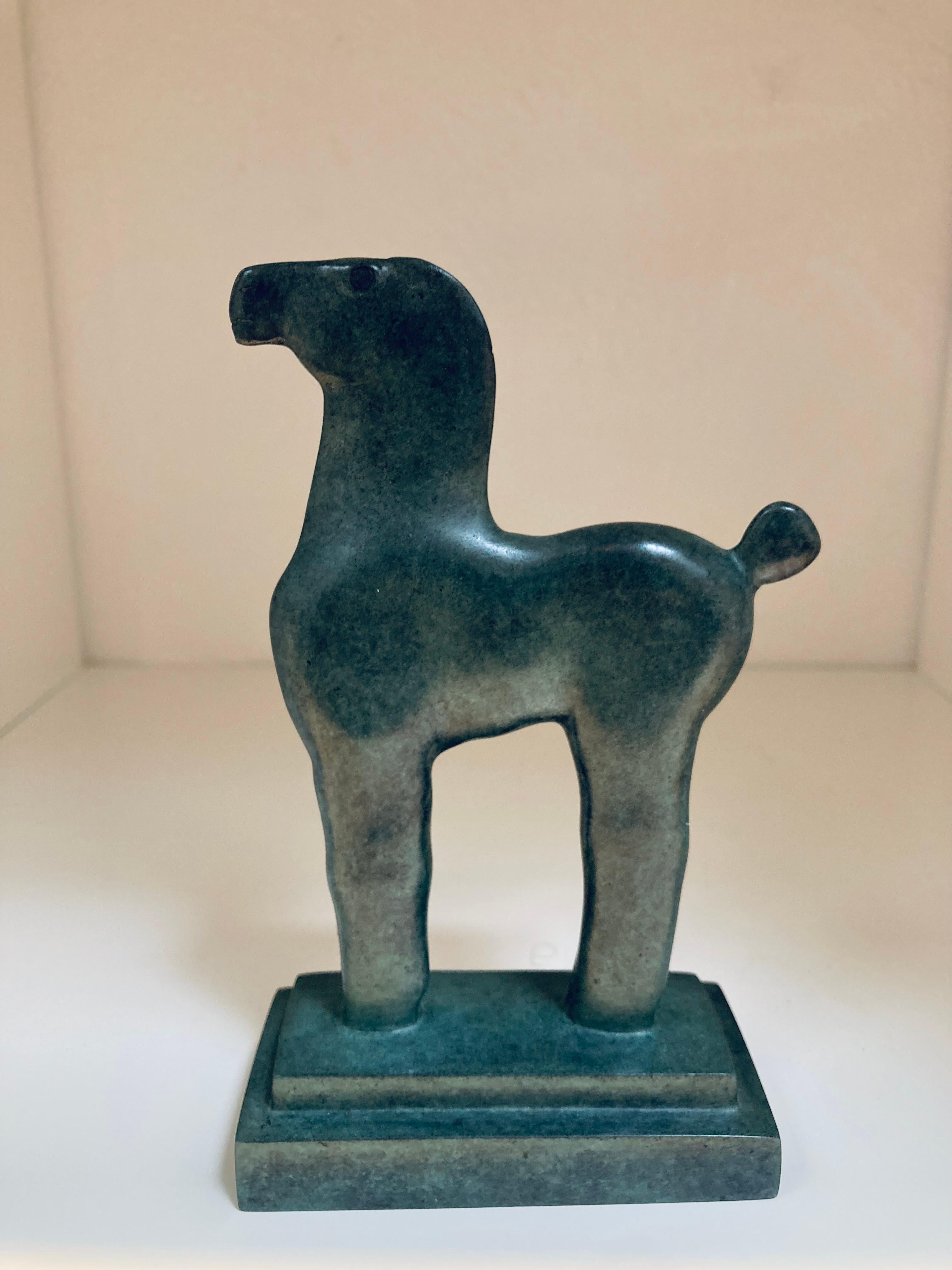 KOBE Figurative Sculpture - Cavallino Fiero Bronze Sculpture Small Horse Dark Green Patina In Stock