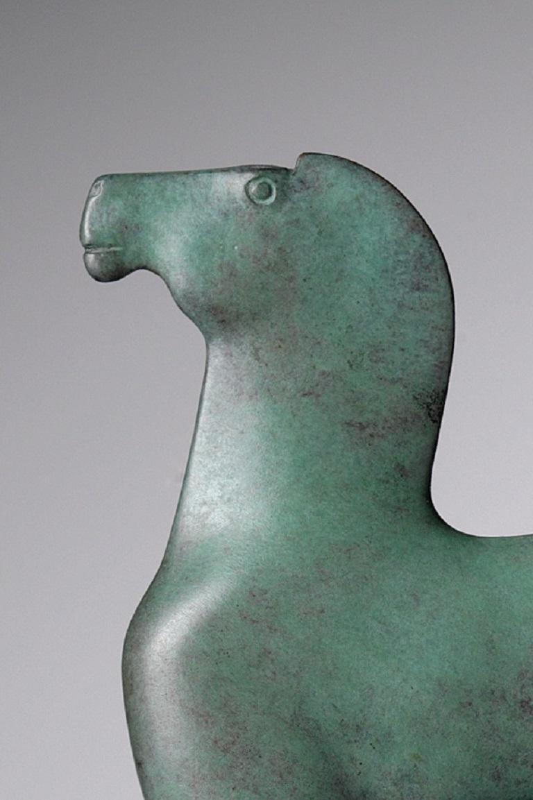 Cavallino Fiero Bronze Sculpture Small Horse Light Green Patina In Stock - Gold Figurative Sculpture by KOBE