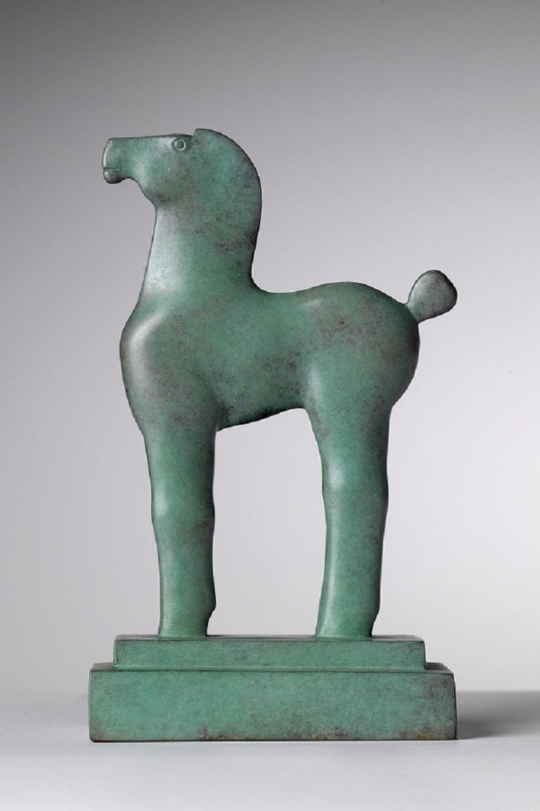 KOBE Figurative Sculpture - Cavallino Fiero Bronze Sculpture Small Horse Light Green Patina In Stock