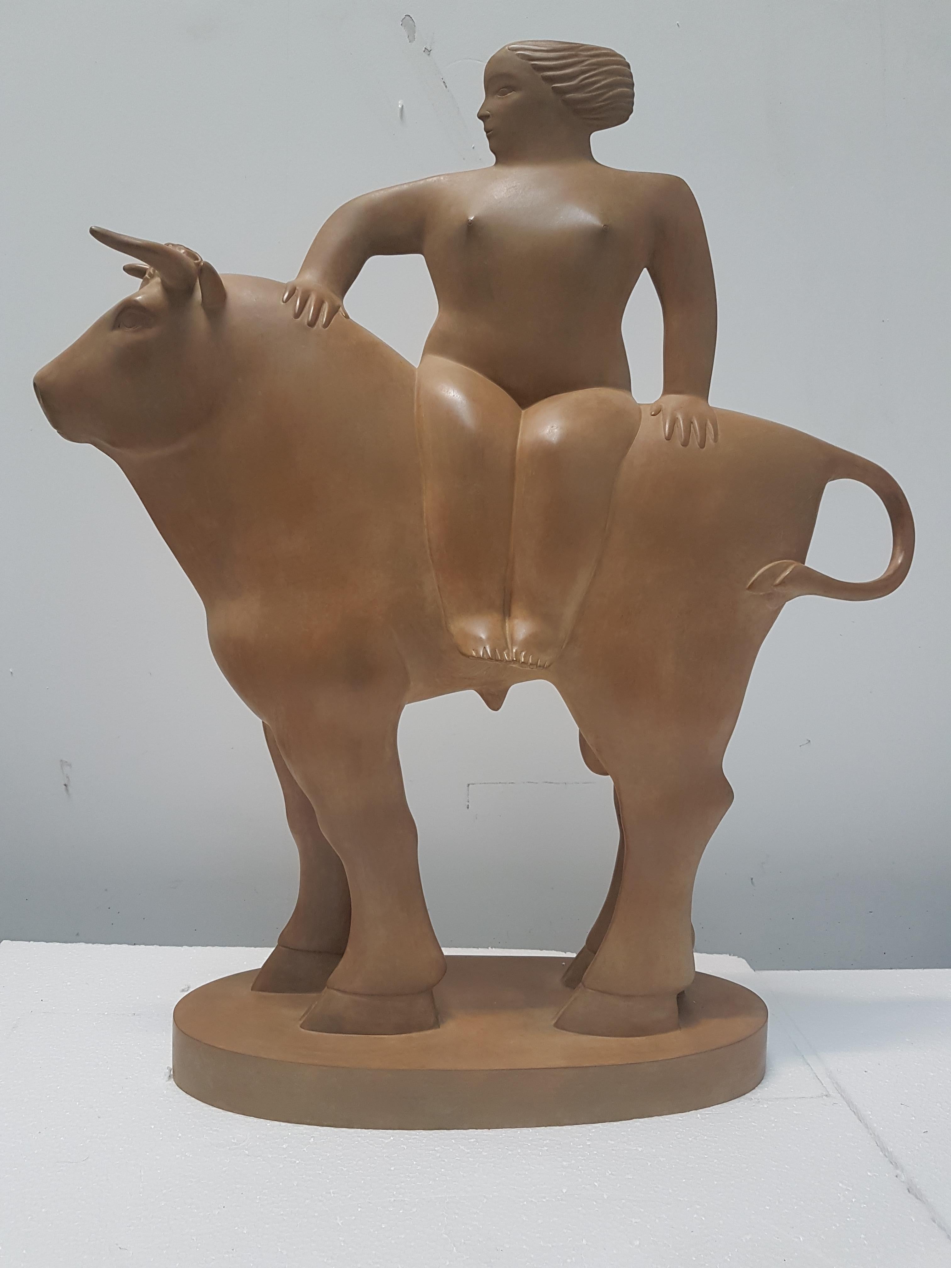 Europa Bronze Sculpture Mythology Girl Woman on Bull Zeus In Stock - Gold Figurative Sculpture by KOBE