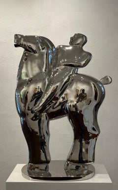 Fierheid Pride Sculpture Polished Steel Horse Horseman Silver Color In Stock