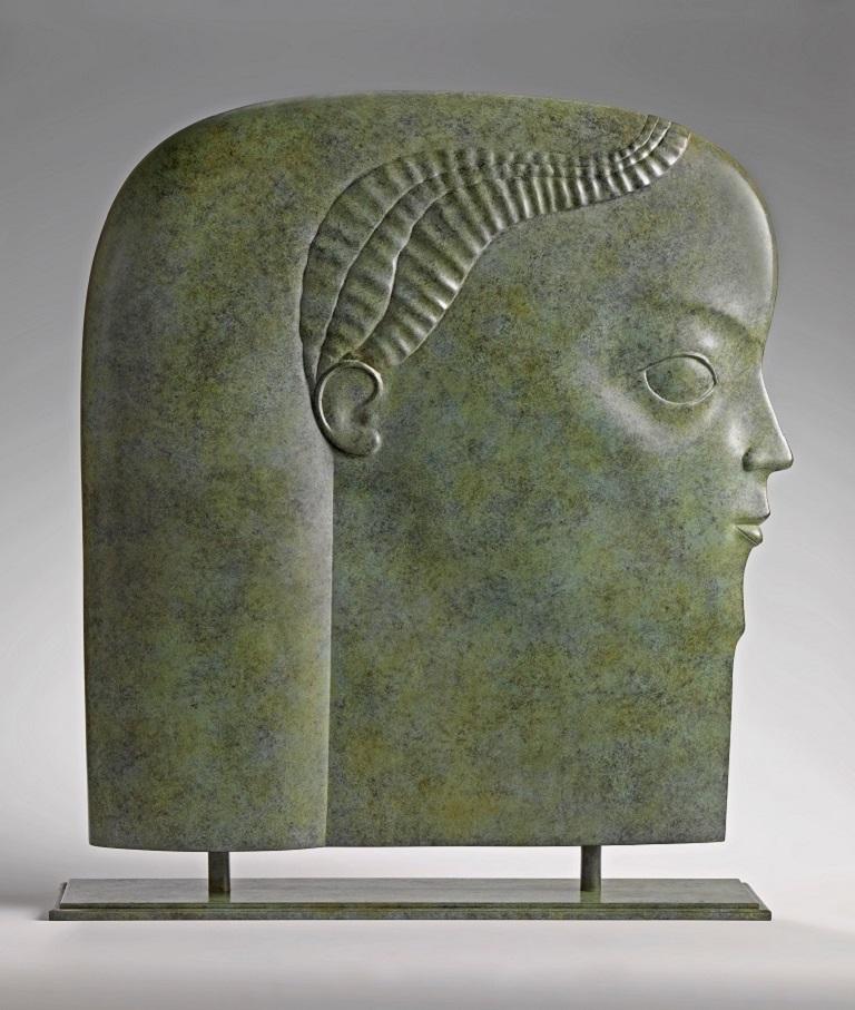 KOBE Figurative Sculpture – Kopf-Bronze-Skulptur Großes Porträt Grüne Patina Gesicht Mensch 