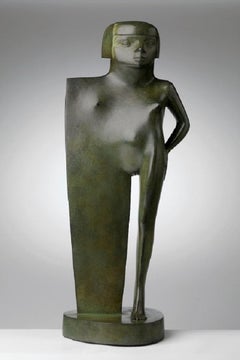 La Fillette Bronze Sculpture Female Figure Standing Green Nude Girl In Stock