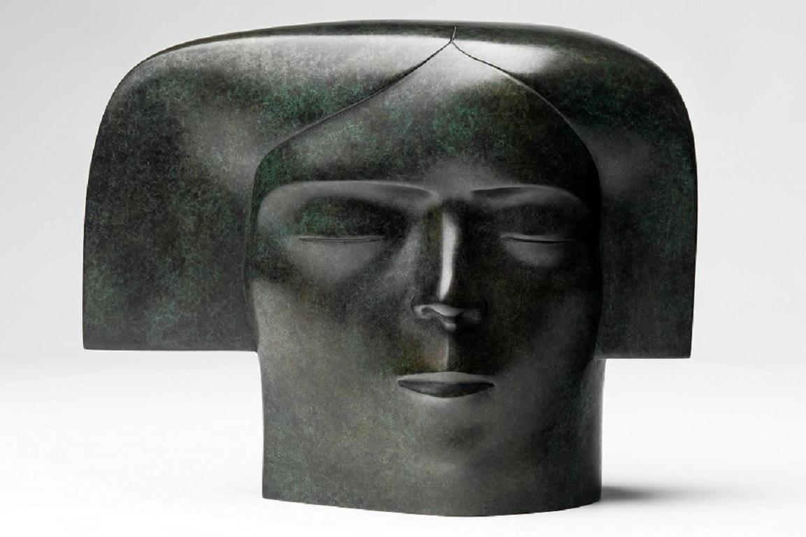 KOBE Figurative Sculpture - Meditatie Meditation Green Bronze Sculpture Figurative Head  In Stock