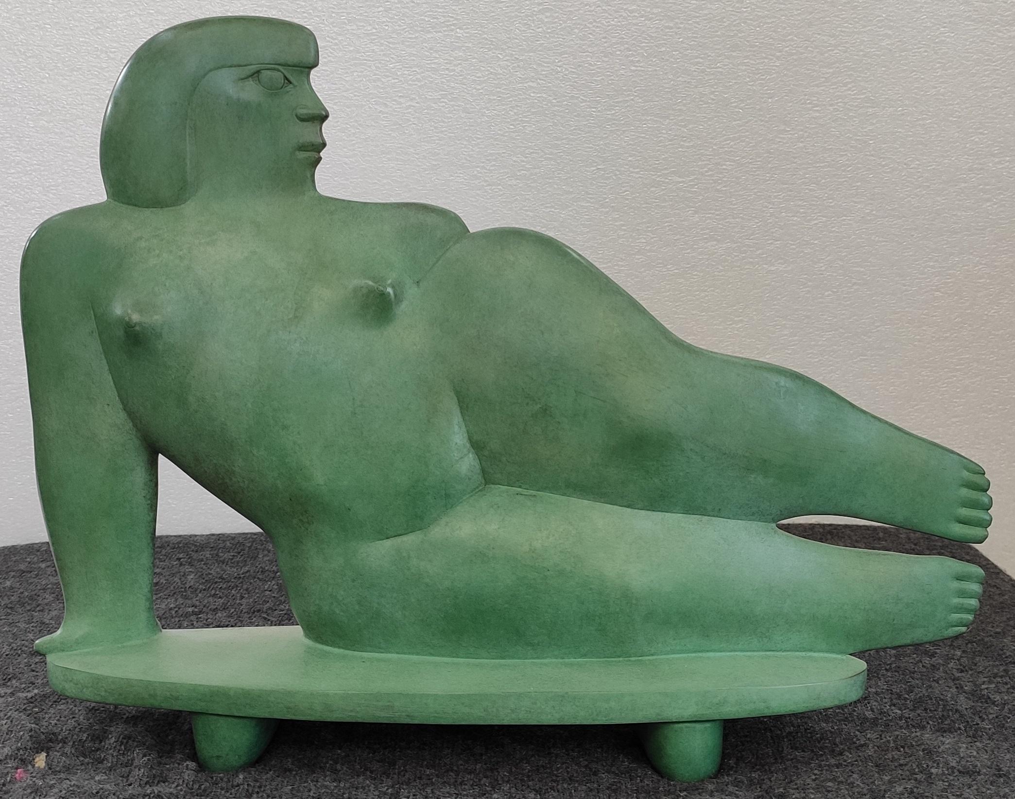 Miss Bronze Sculpture Lady Lying Down Female Figure Woman Green - Gold Nude Sculpture by KOBE