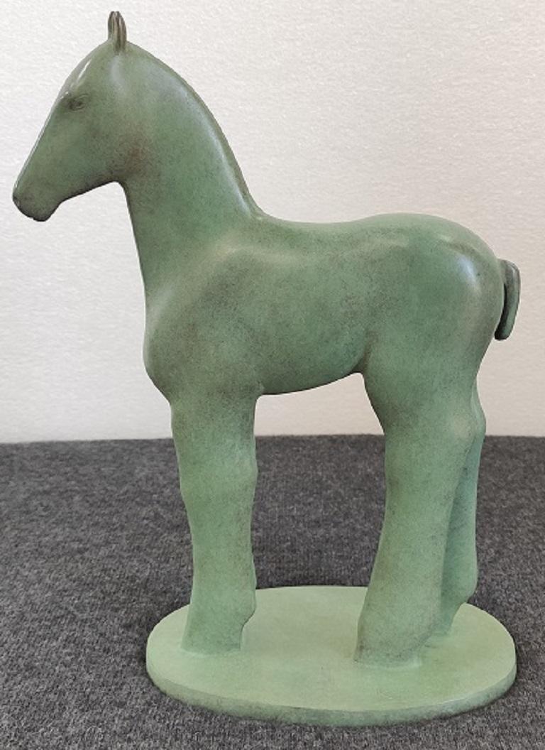 Puledro Small Bronze Sculpture Horse Animal Green Patina - Gold Figurative Sculpture by KOBE