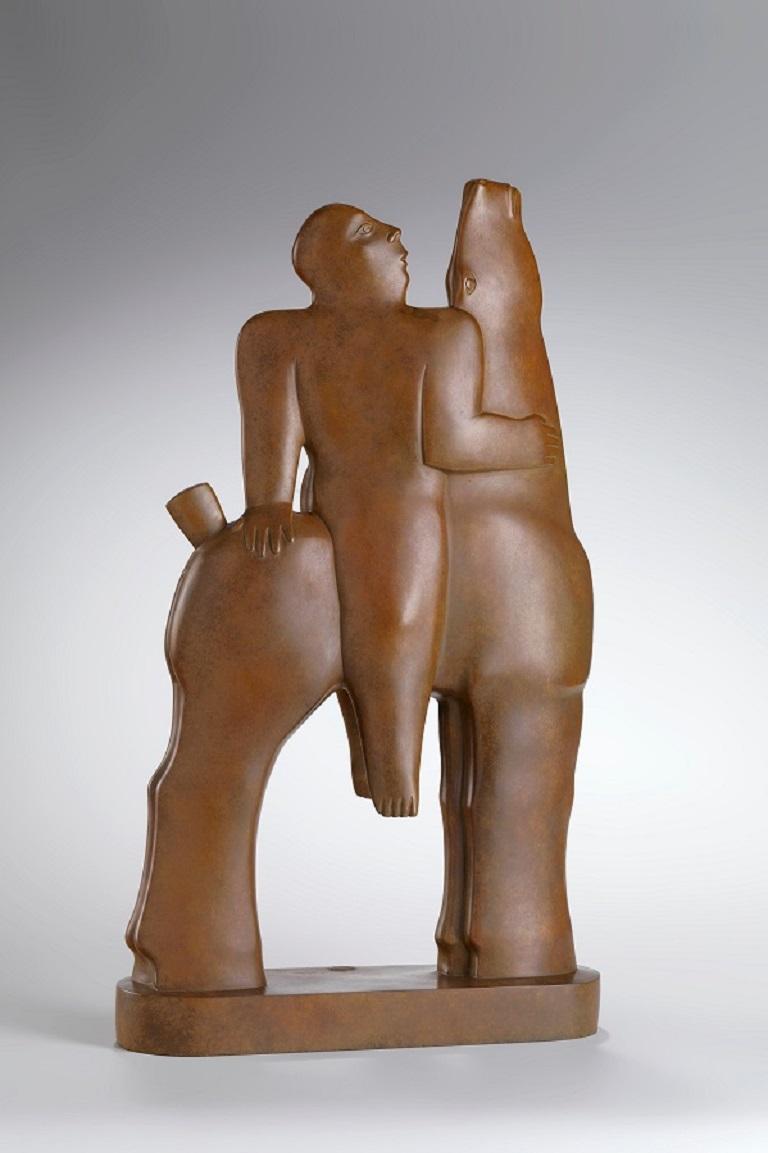 KOBE Figurative Sculpture - Unita Big Bronze Sculpture Brown Figurative Geometric Horse Rider In Stock