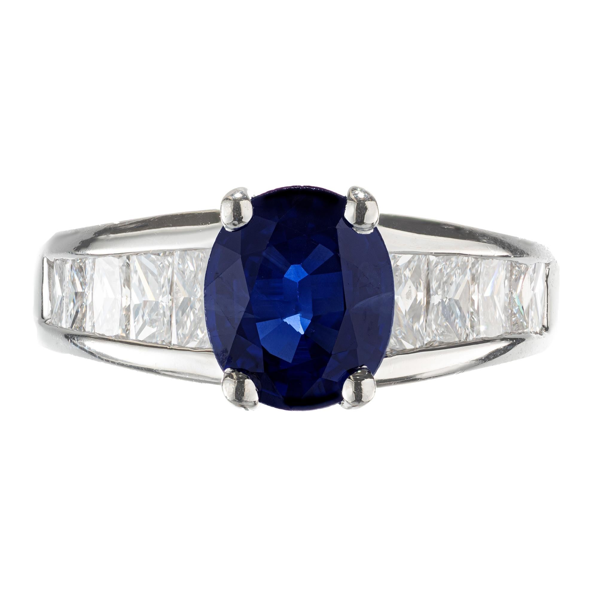 Designer Kobi, oval sapphire and diamond engagement ring. GIA certified Oval center sapphire with 10 radiant cut accent diamonds in a platinum setting. Simple heat only. 

1 GIA certificate 2601817, 9.6 x 8.5 x 4.2mm, approx. total weight 2.25cts,