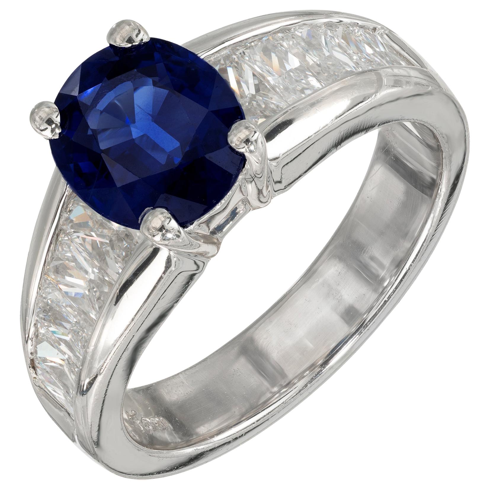 Kobi 2.25 Carat Oval Blue Sapphire Radiant Diamond Platinum Engagement Ring For Sale