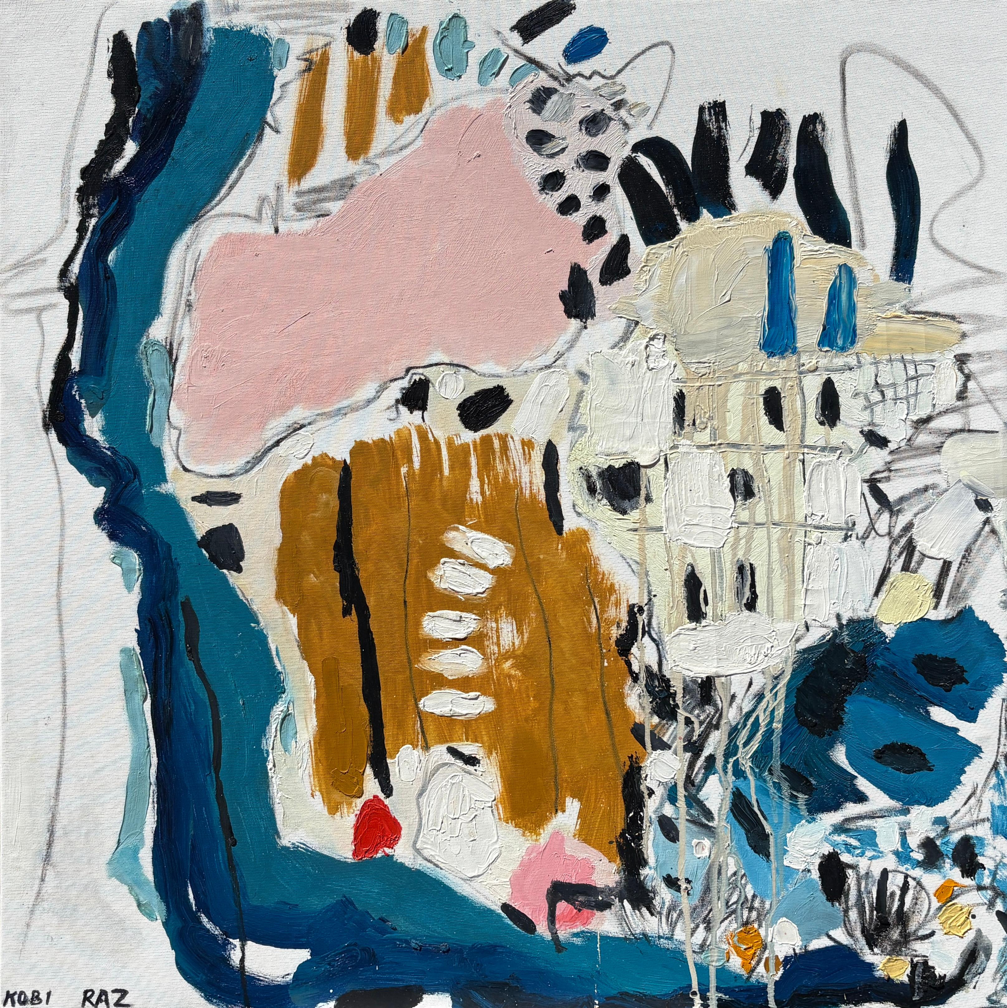 Kobi Raz Abstract Painting - "Riverbank" - Pink, Blue, and Earth Tone Modern Textural Oil Abstract Artwork