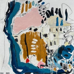 "Riverbank" - Pink, Blue, and Earth Tone Modern Textural Oil Abstract Artwork