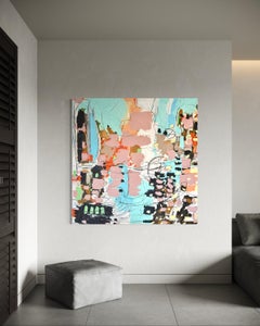 "Melodía" - Abstracto moderno grande, brillante y colorido en rosas, azules y negro