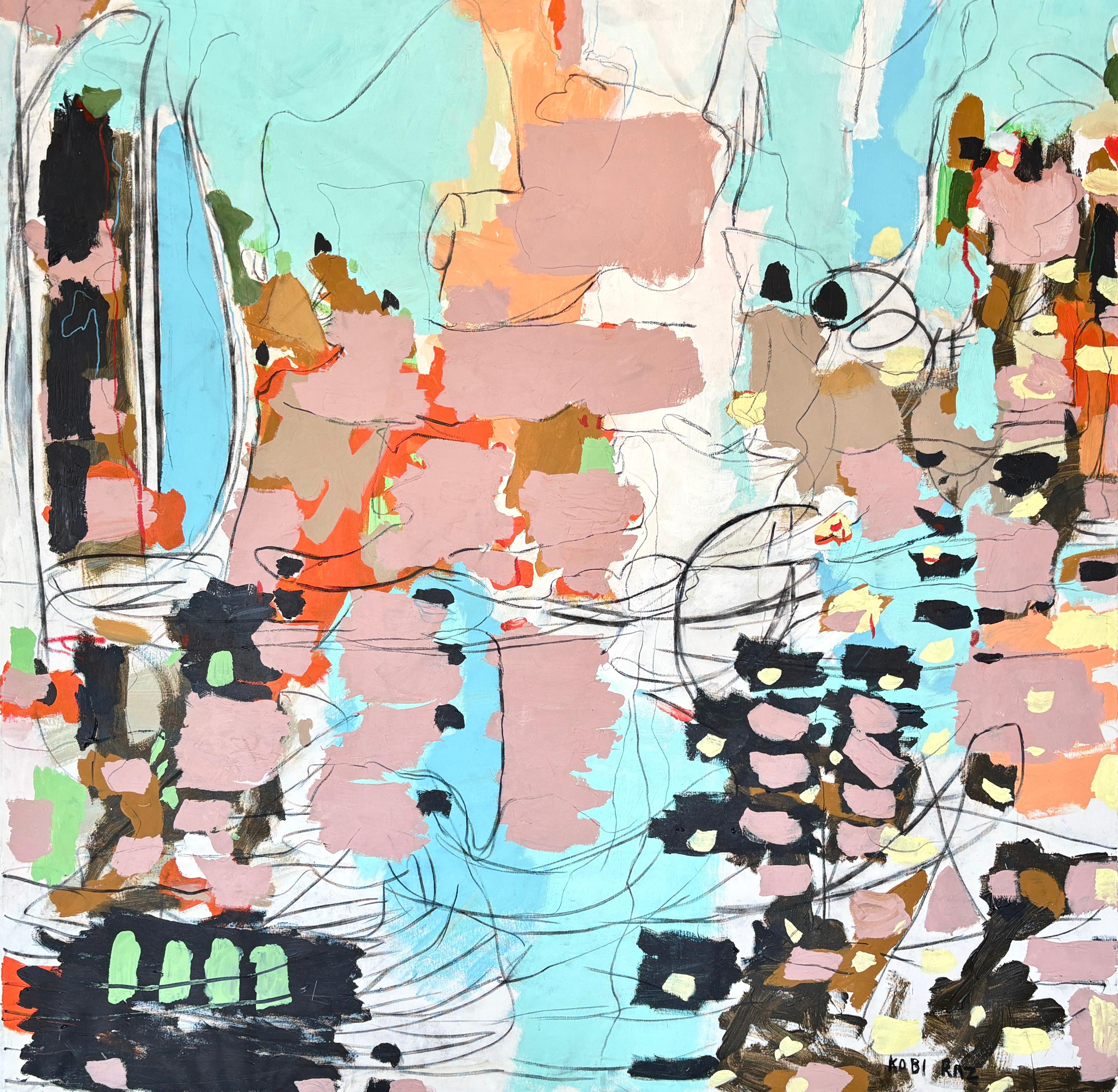 "Melody" - Large Modern Bright and Colorful Abstract in Pinks, Blues, and Black