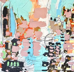 "Melody" - Grande abstraction moderne, lumineuse et colorée en rose, bleu et noir