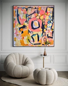 "Pink Circle" - Grande astratto contemporaneo con nero, pastello e toni della terra