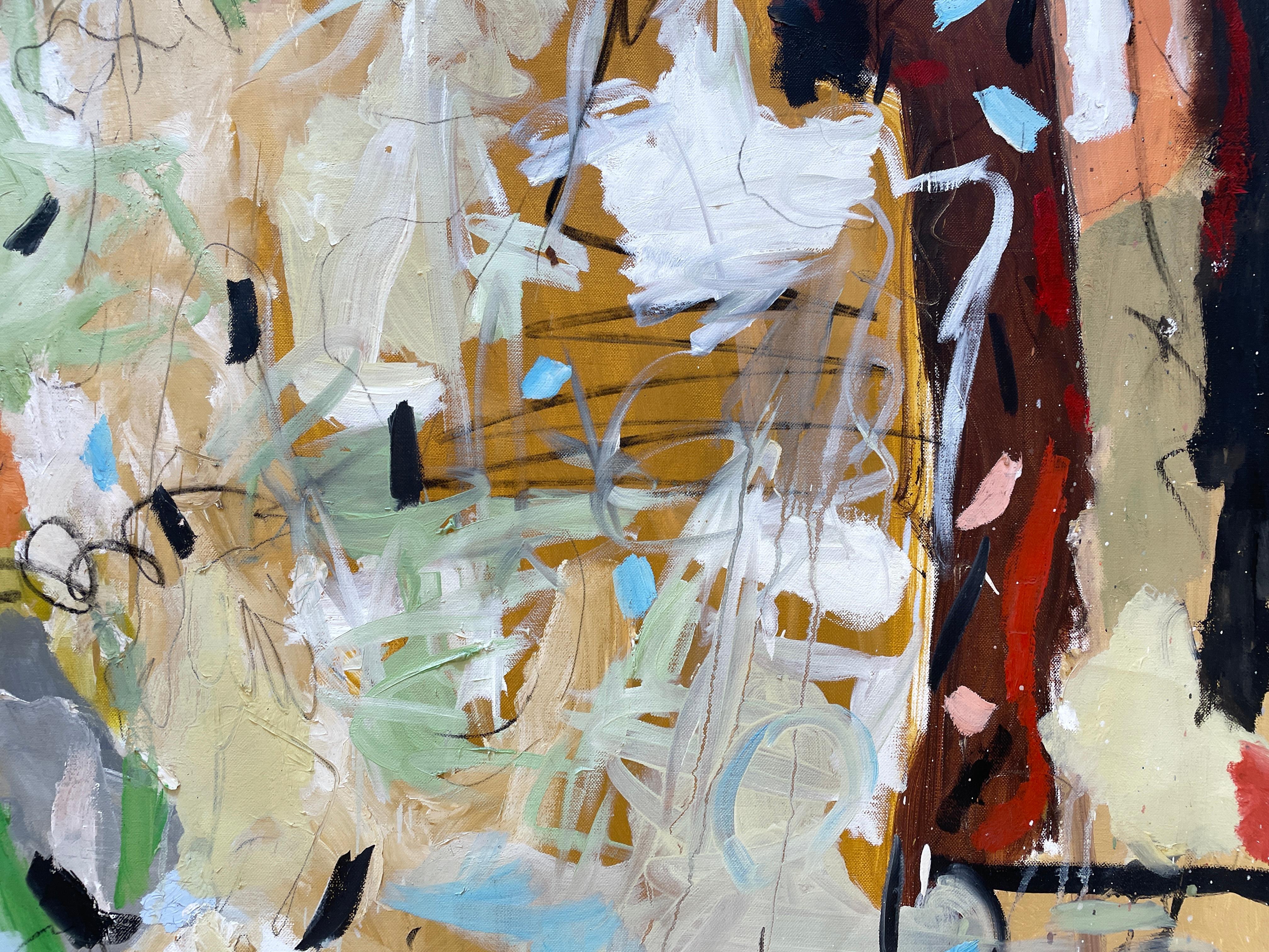 „Die Vögel und die Bienen“ von Kobi Raz – Orange, Blau und Erdtöne Abstrakte Kunst im Angebot 9