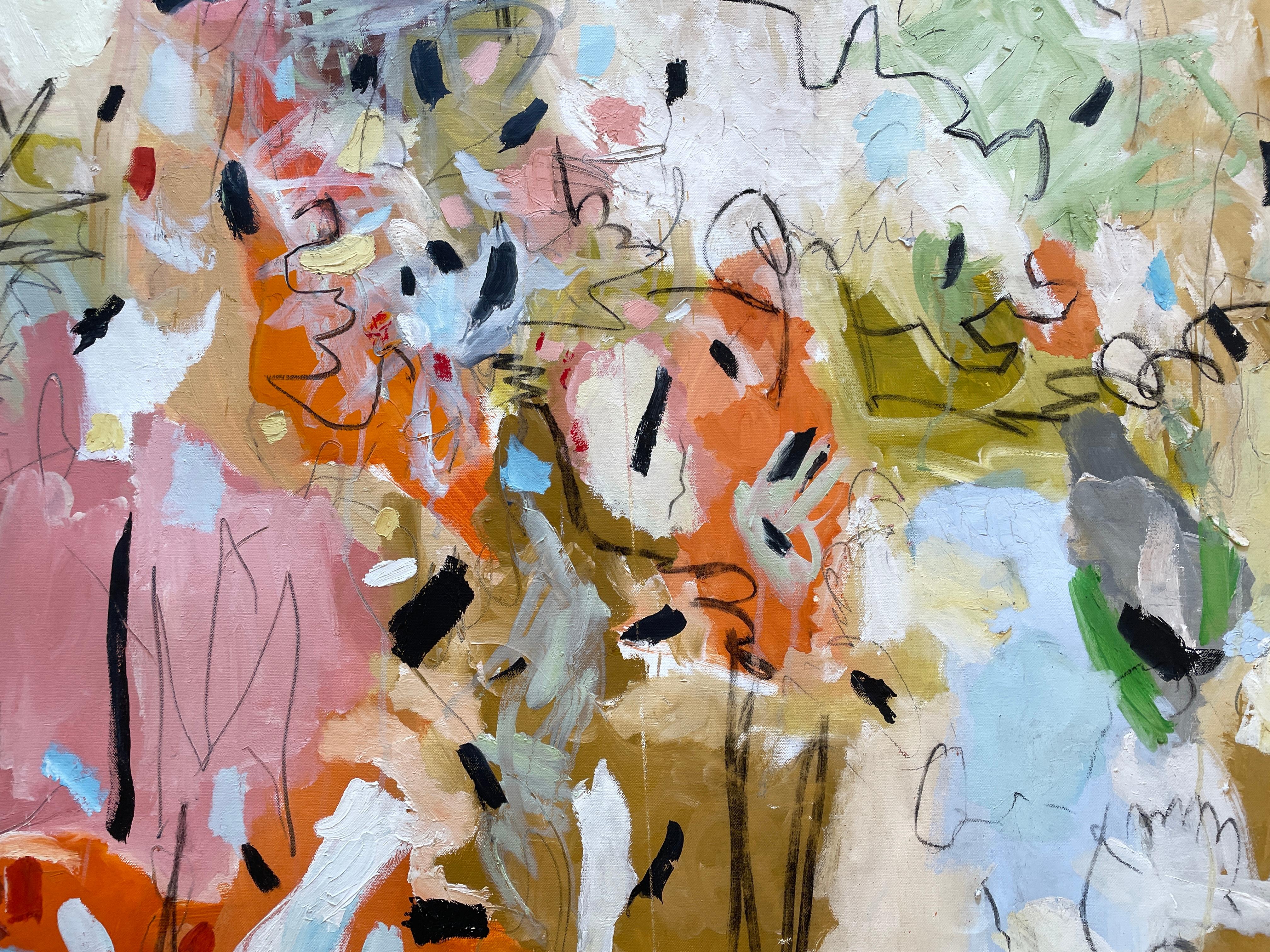 „Die Vögel und die Bienen“ von Kobi Raz – Orange, Blau und Erdtöne Abstrakte Kunst im Angebot 10