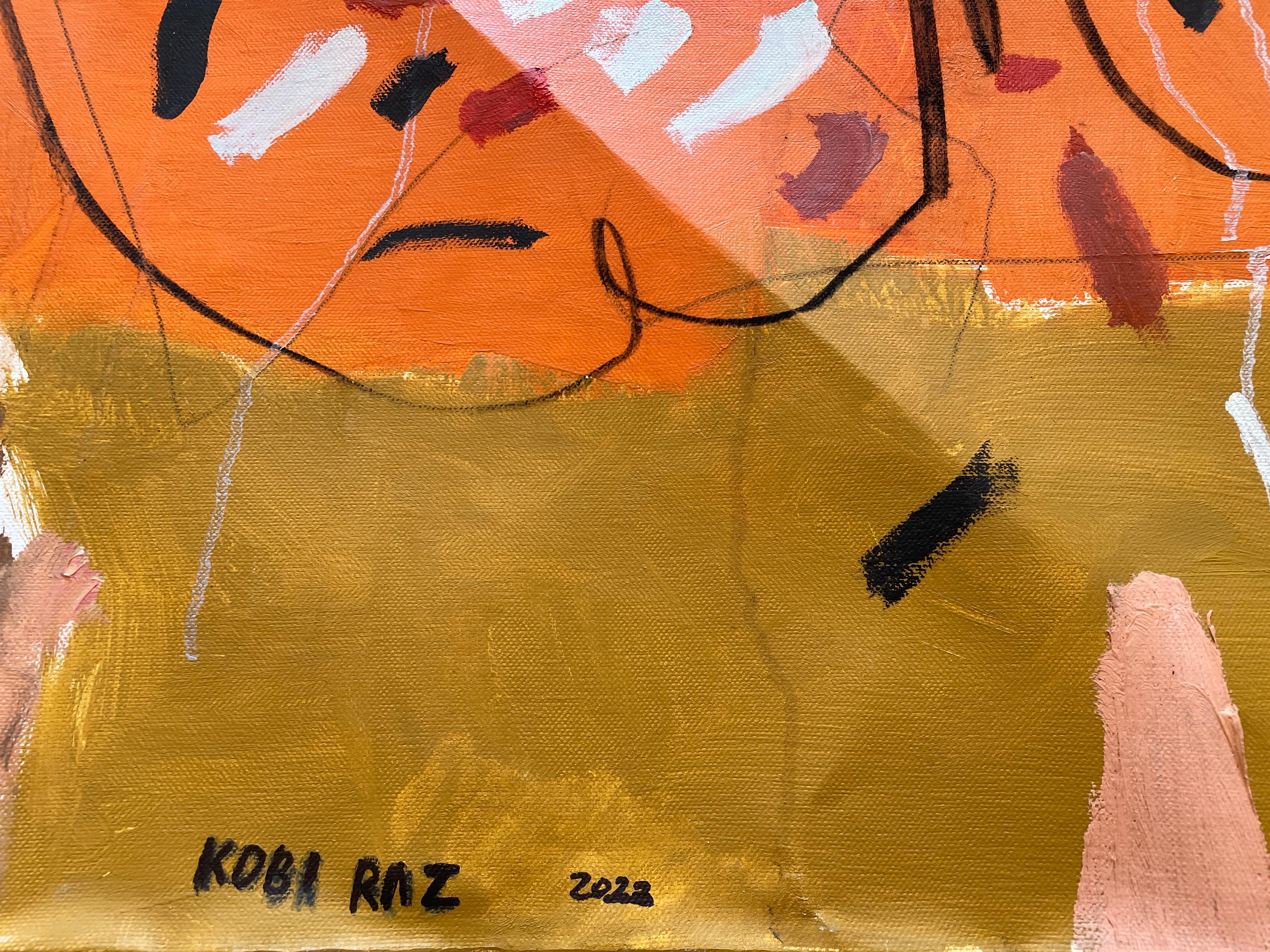 „Die Vögel und die Bienen“ von Kobi Raz – Orange, Blau und Erdtöne Abstrakte Kunst im Angebot 11