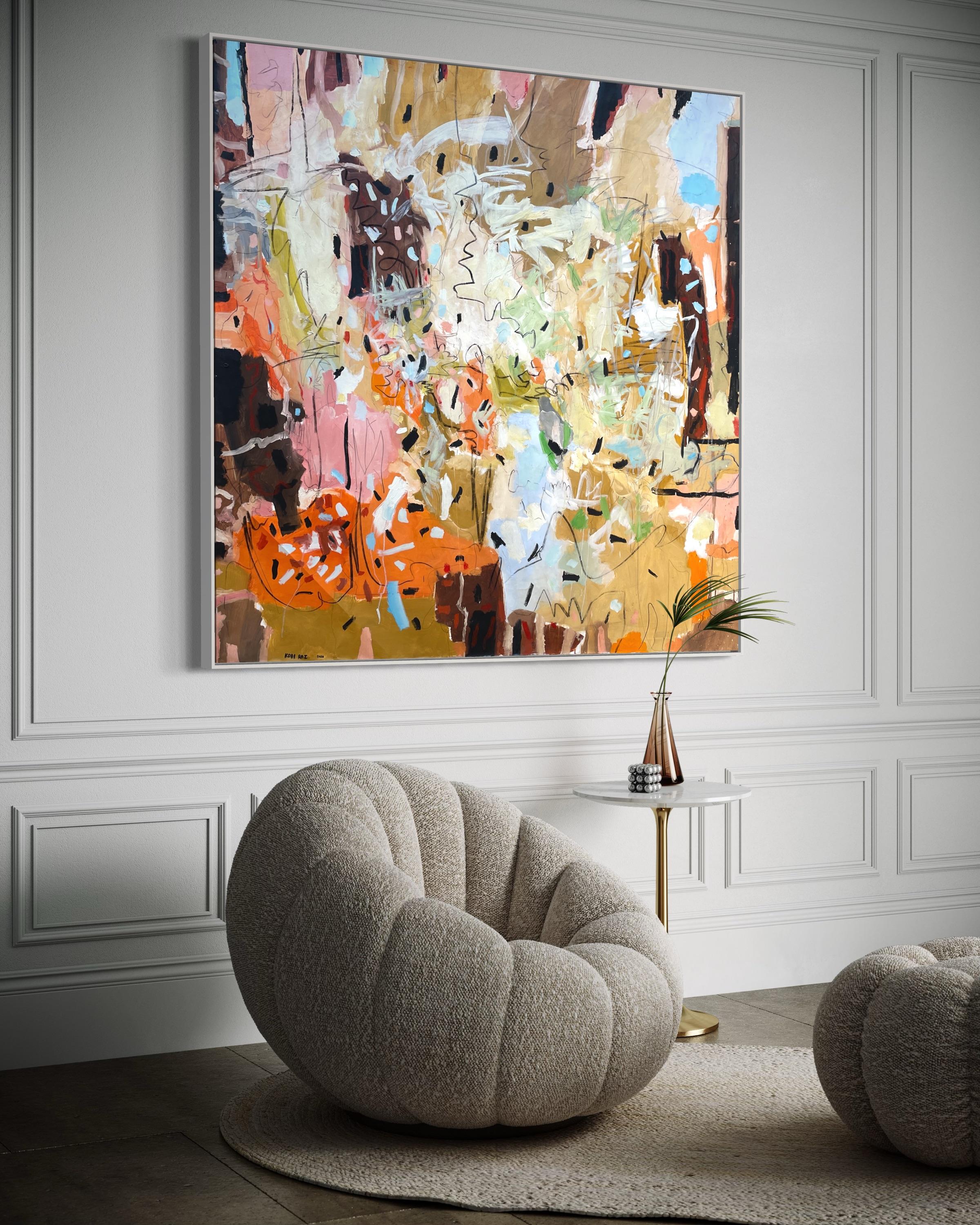 „Die Vögel und die Bienen“ von Kobi Raz – Orange, Blau und Erdtöne Abstrakte Kunst im Angebot 12