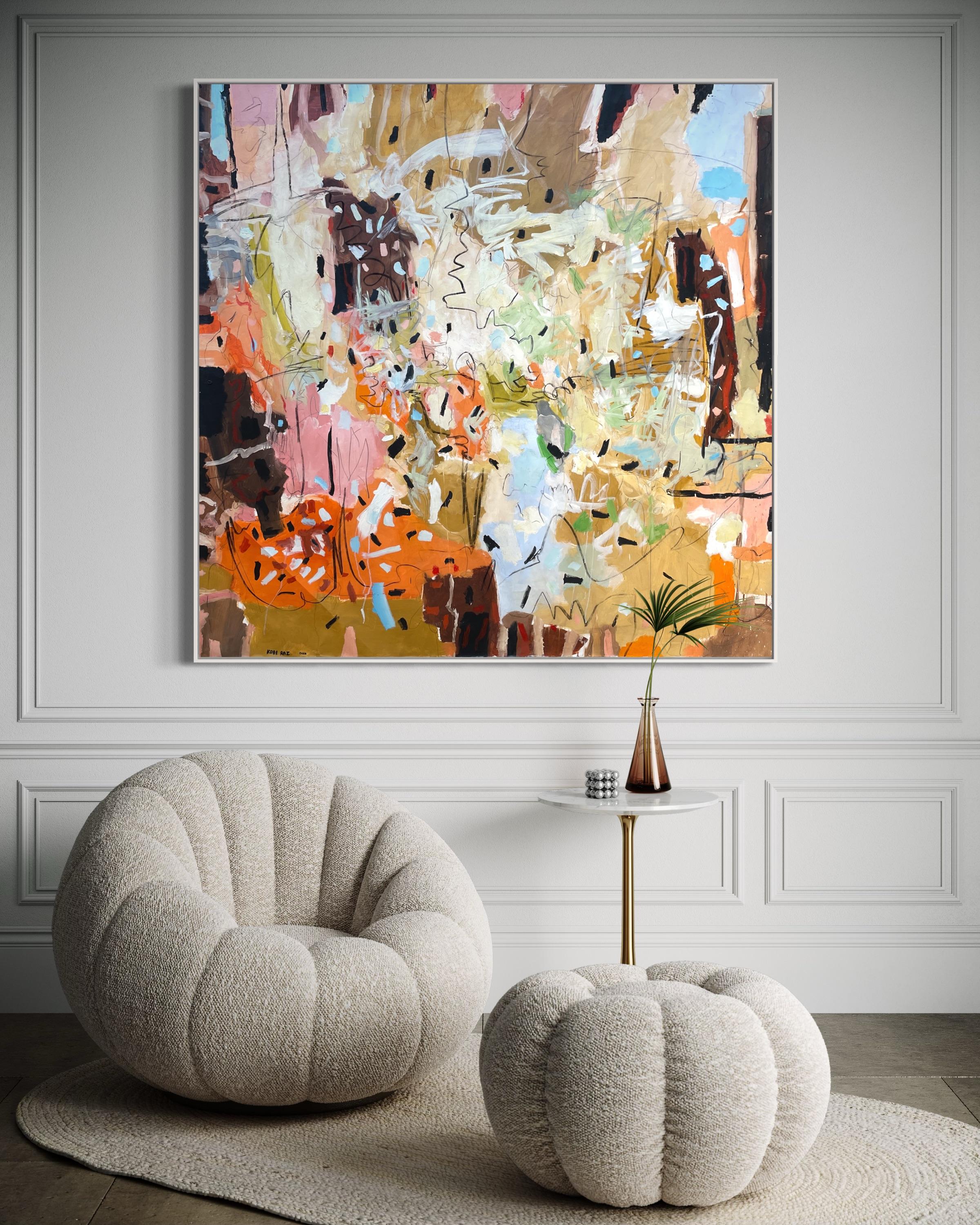 „Die Vögel und die Bienen“ von Kobi Raz – Orange, Blau und Erdtöne Abstrakte Kunst im Angebot 1
