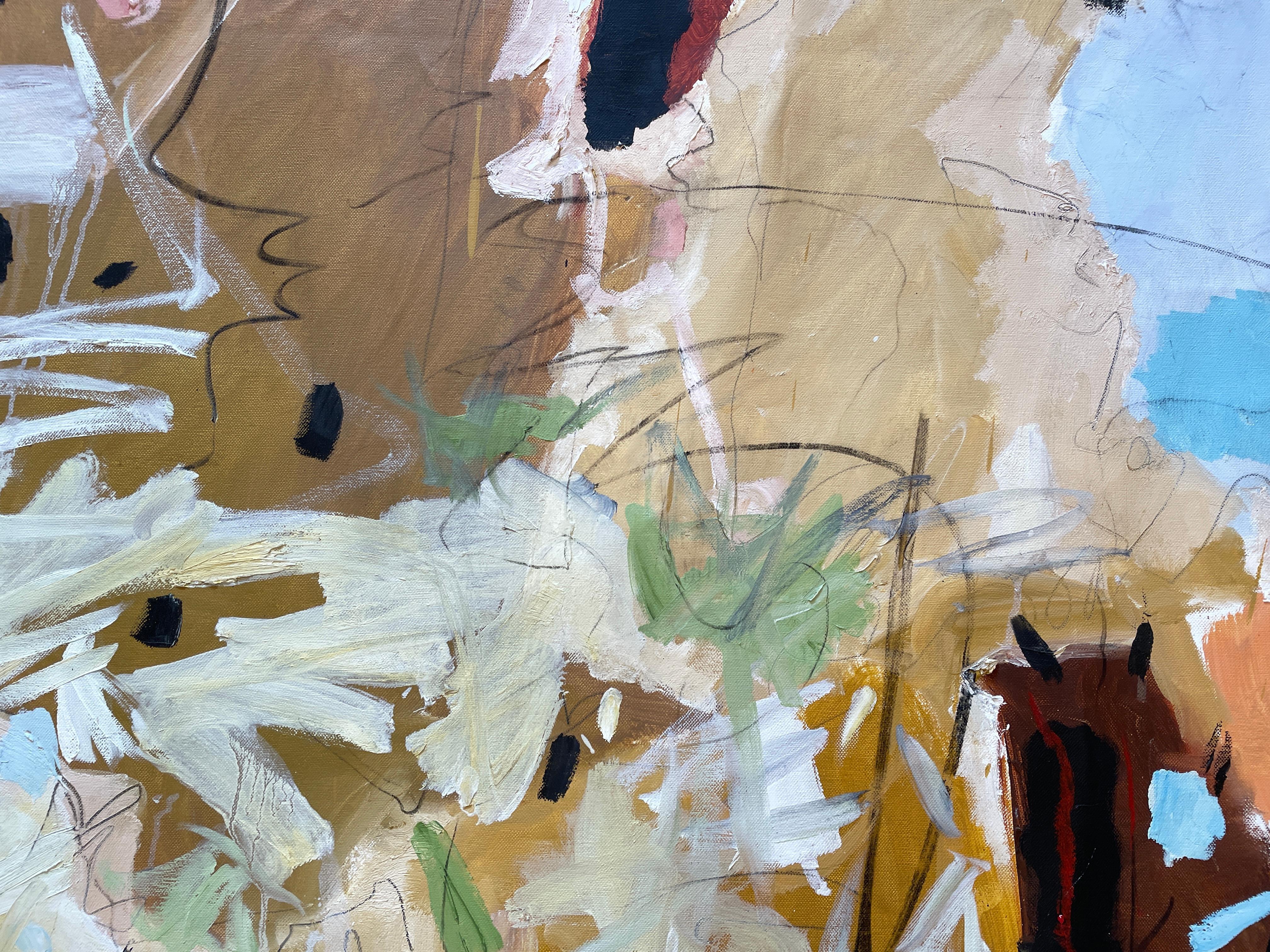 „Die Vögel und die Bienen“ von Kobi Raz – Orange, Blau und Erdtöne Abstrakte Kunst im Angebot 3