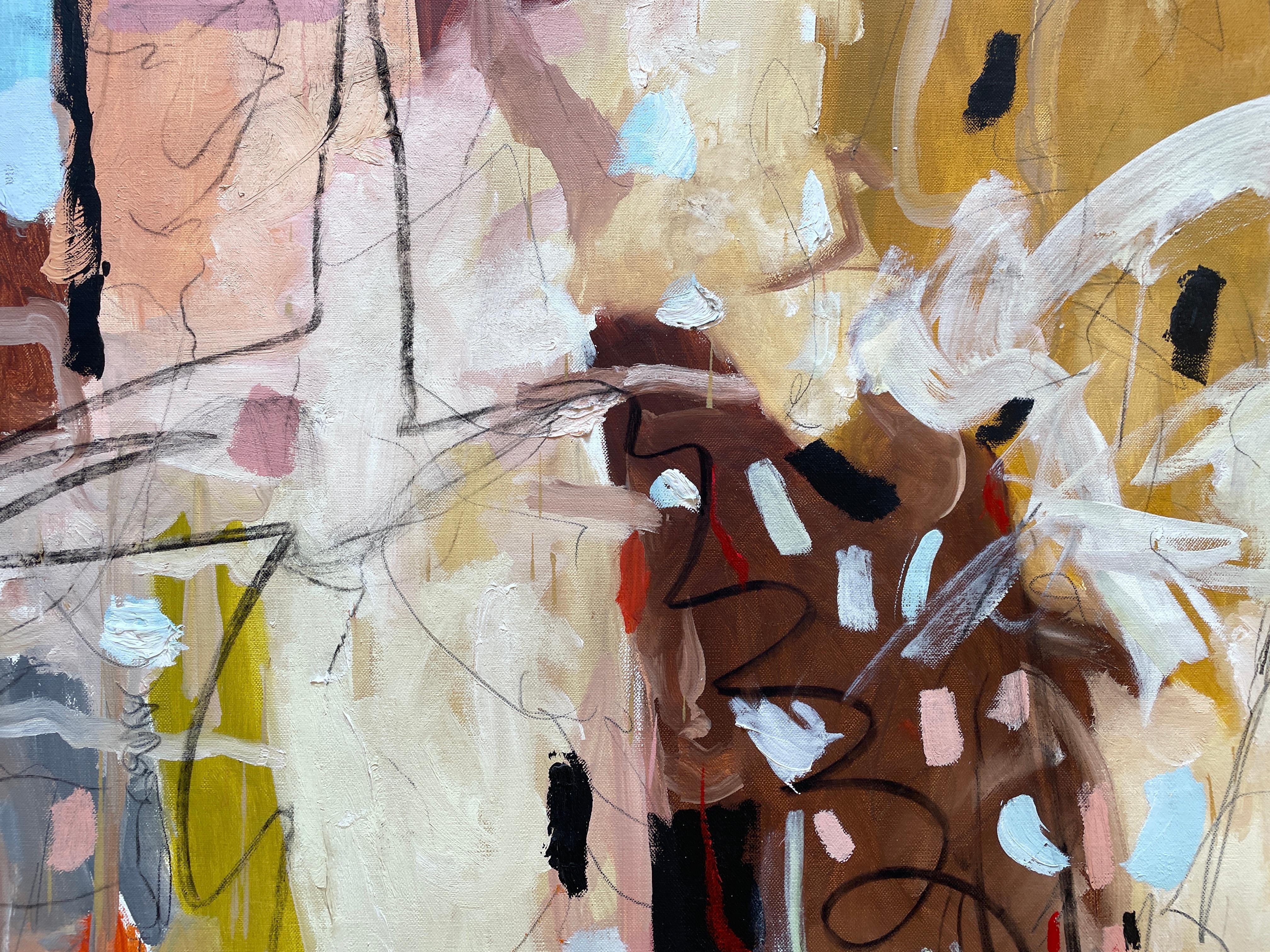 „Die Vögel und die Bienen“ von Kobi Raz – Orange, Blau und Erdtöne Abstrakte Kunst im Angebot 4