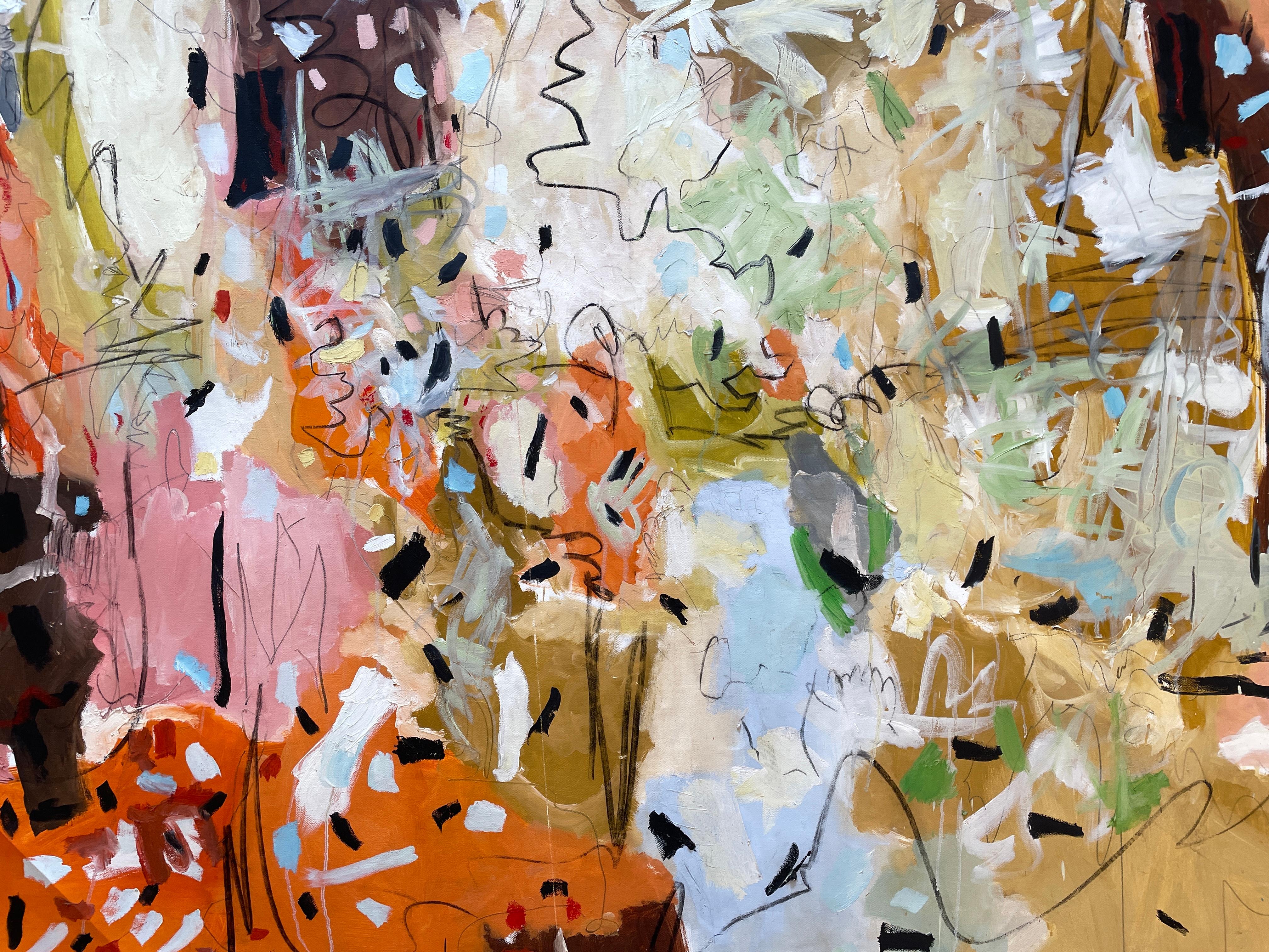 „Die Vögel und die Bienen“ von Kobi Raz – Orange, Blau und Erdtöne Abstrakte Kunst im Angebot 5