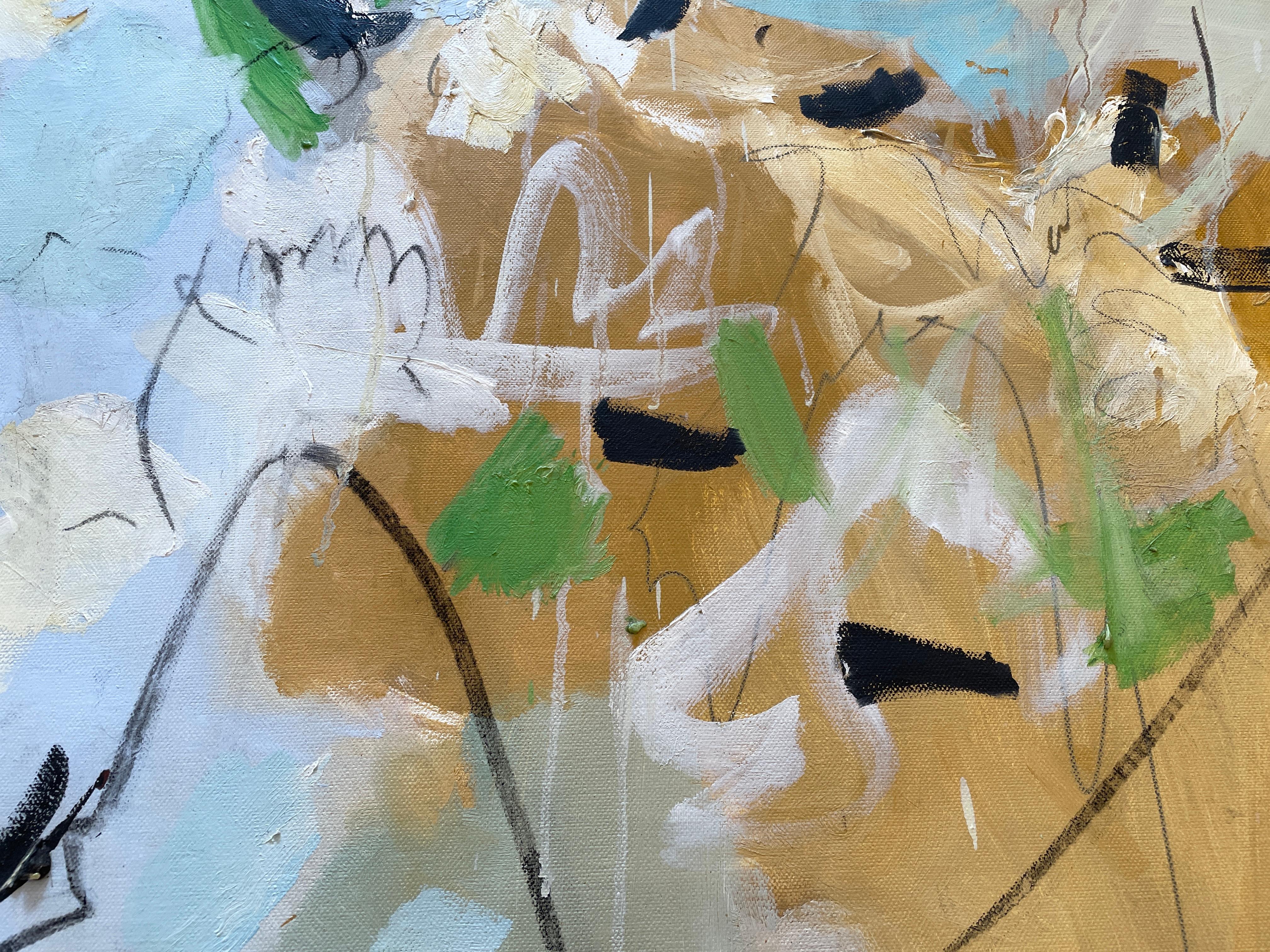 „Die Vögel und die Bienen“ von Kobi Raz – Orange, Blau und Erdtöne Abstrakte Kunst im Angebot 6