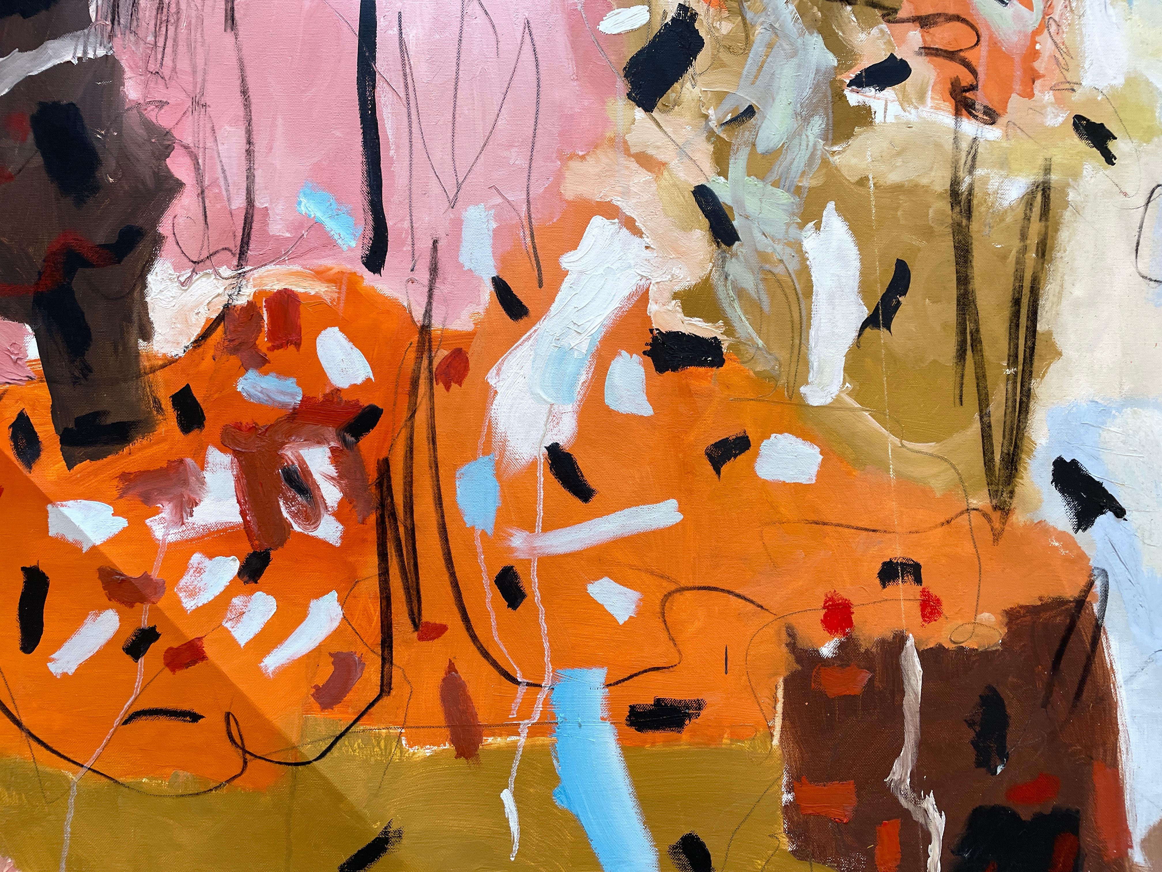 „Die Vögel und die Bienen“ von Kobi Raz – Orange, Blau und Erdtöne Abstrakte Kunst im Angebot 7
