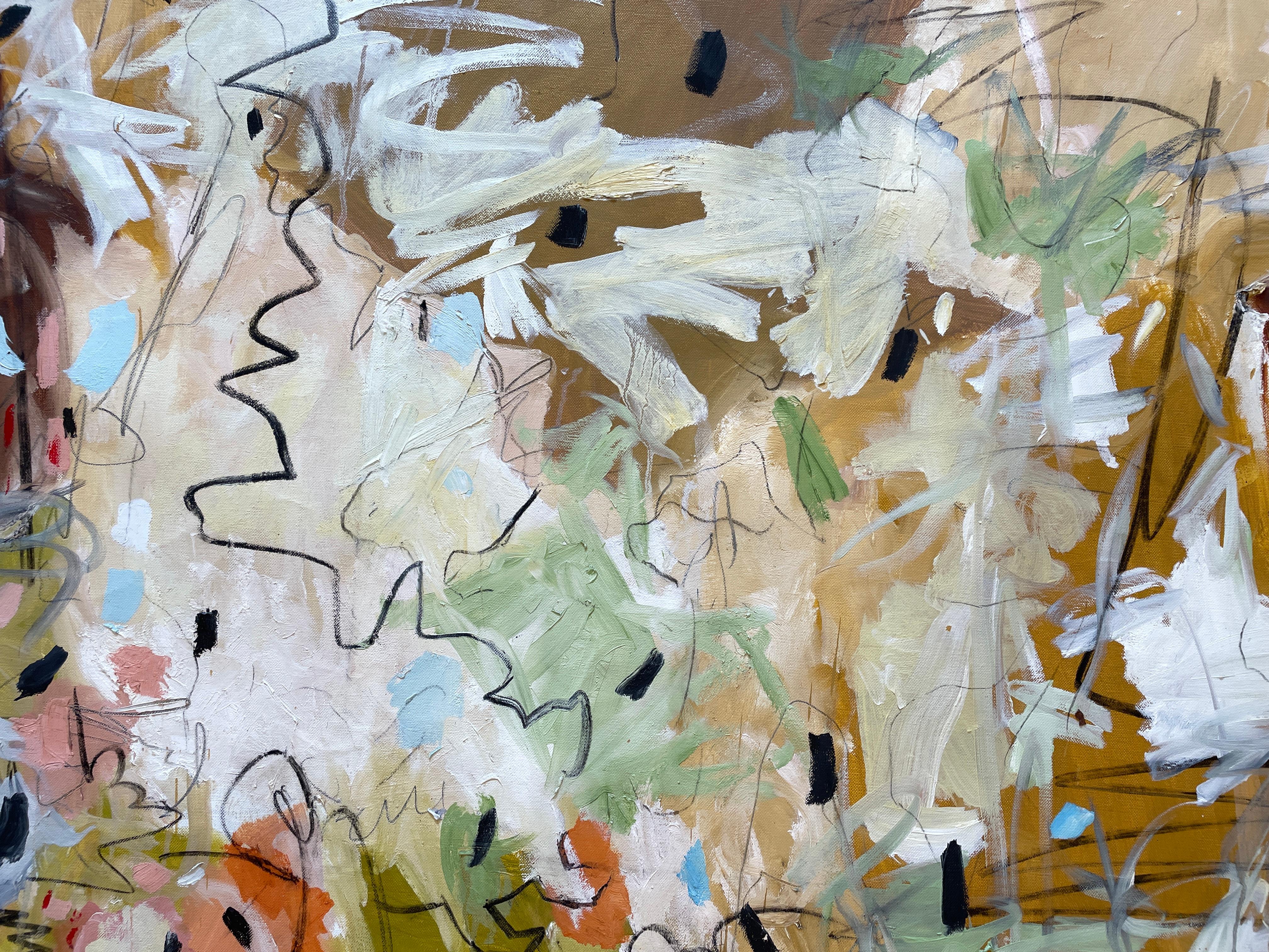 „Die Vögel und die Bienen“ von Kobi Raz – Orange, Blau und Erdtöne Abstrakte Kunst im Angebot 8