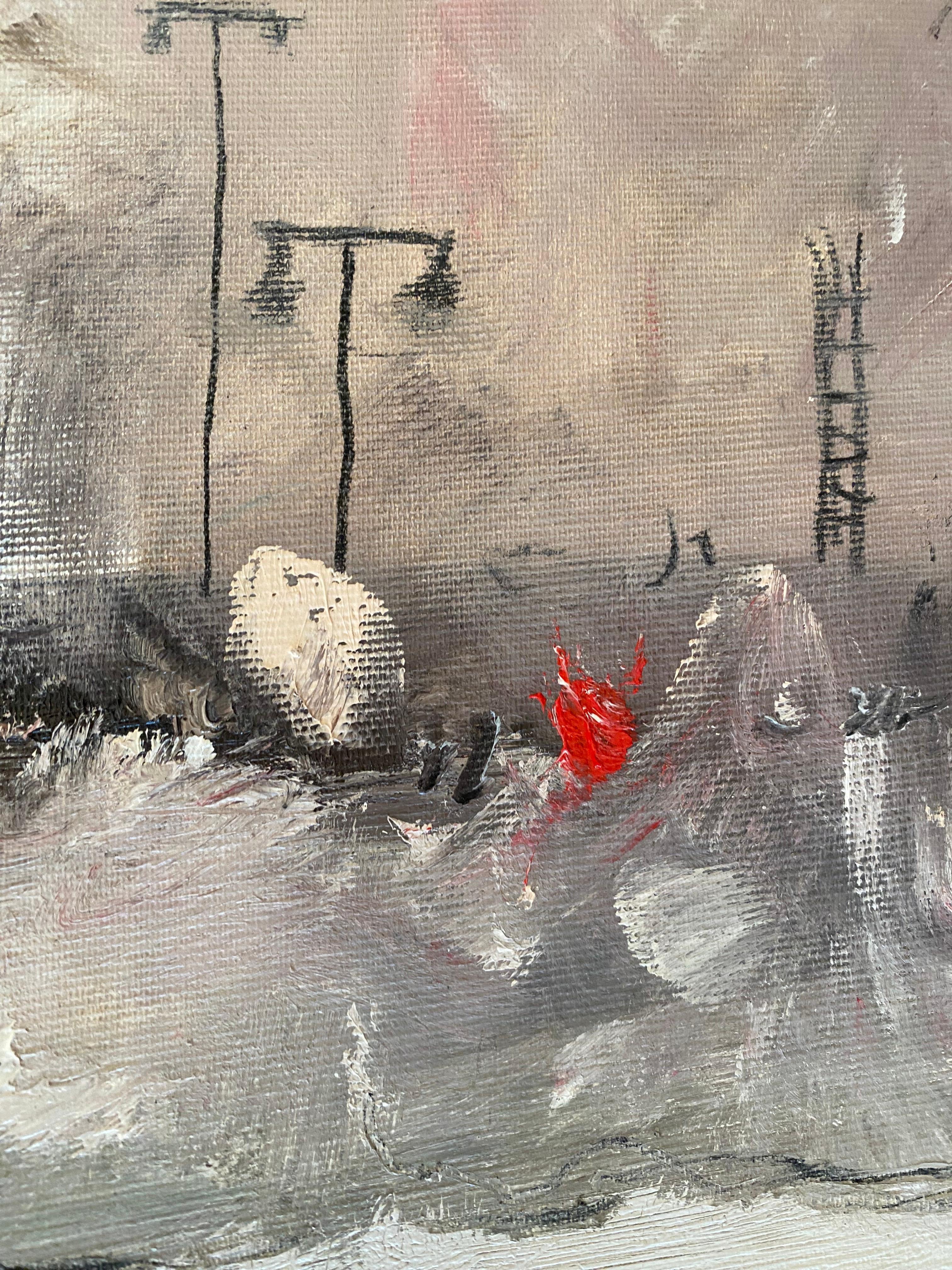 'The City Horizon' Contemporary Abstract  White Red & Black Modern Cityscape  - Painting by Kobi Raz