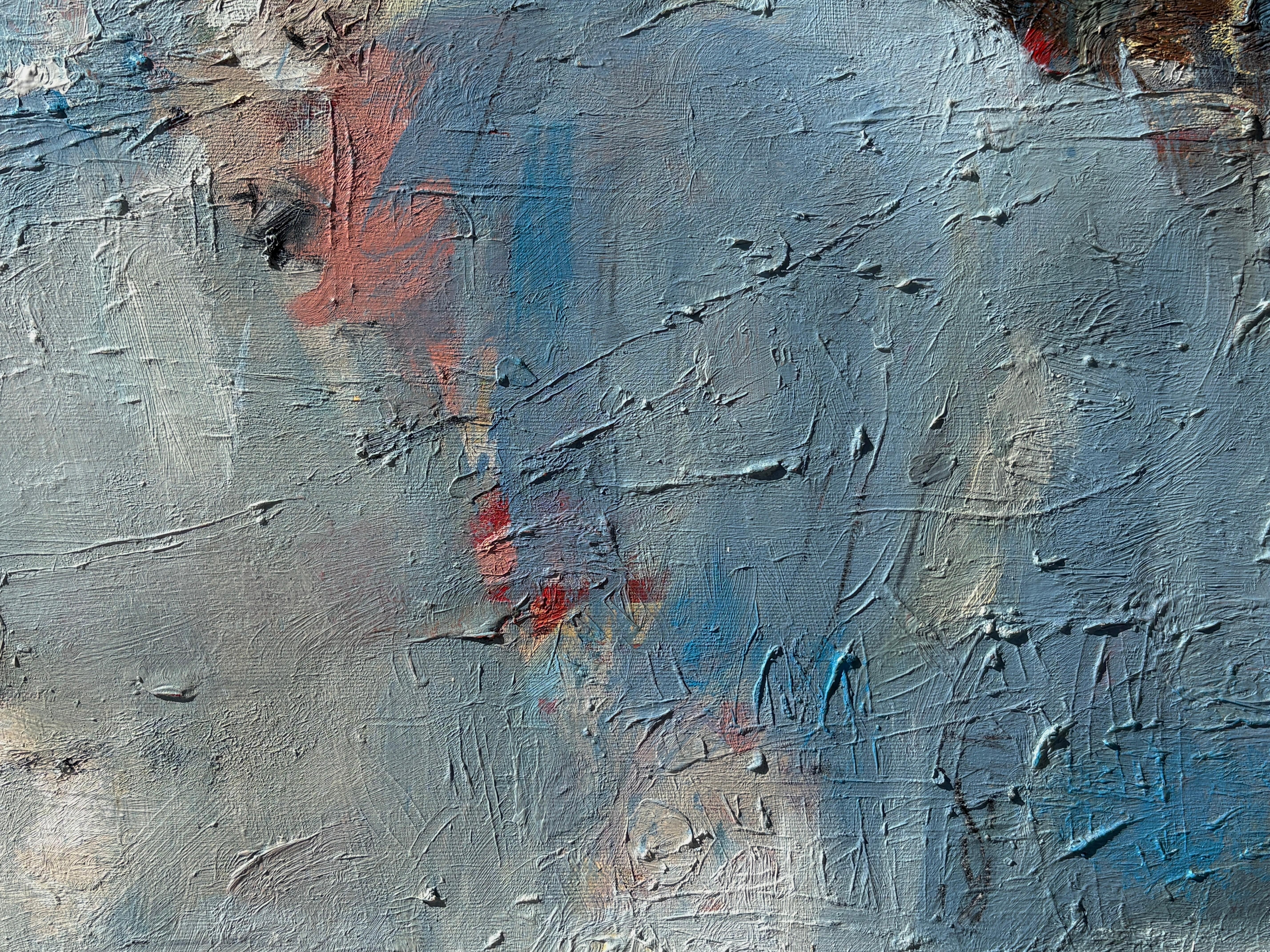 'Untitled' - Vibrant Blue, Pink, & Earth Tone Layered Textured Abstract Artwork For Sale 9