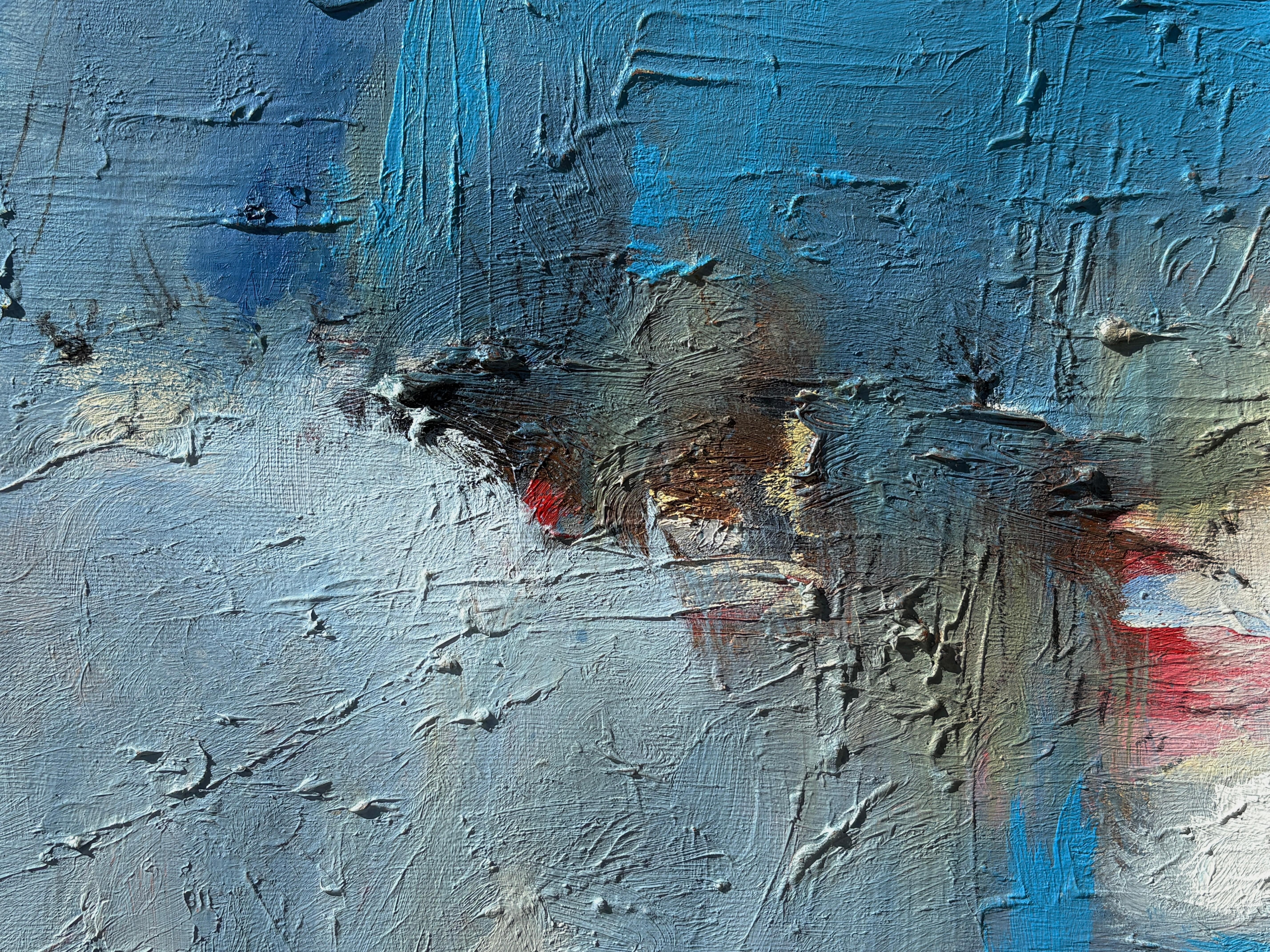'Untitled' - Vibrant Blue, Pink, & Earth Tone Layered Textured Abstract Artwork For Sale 10