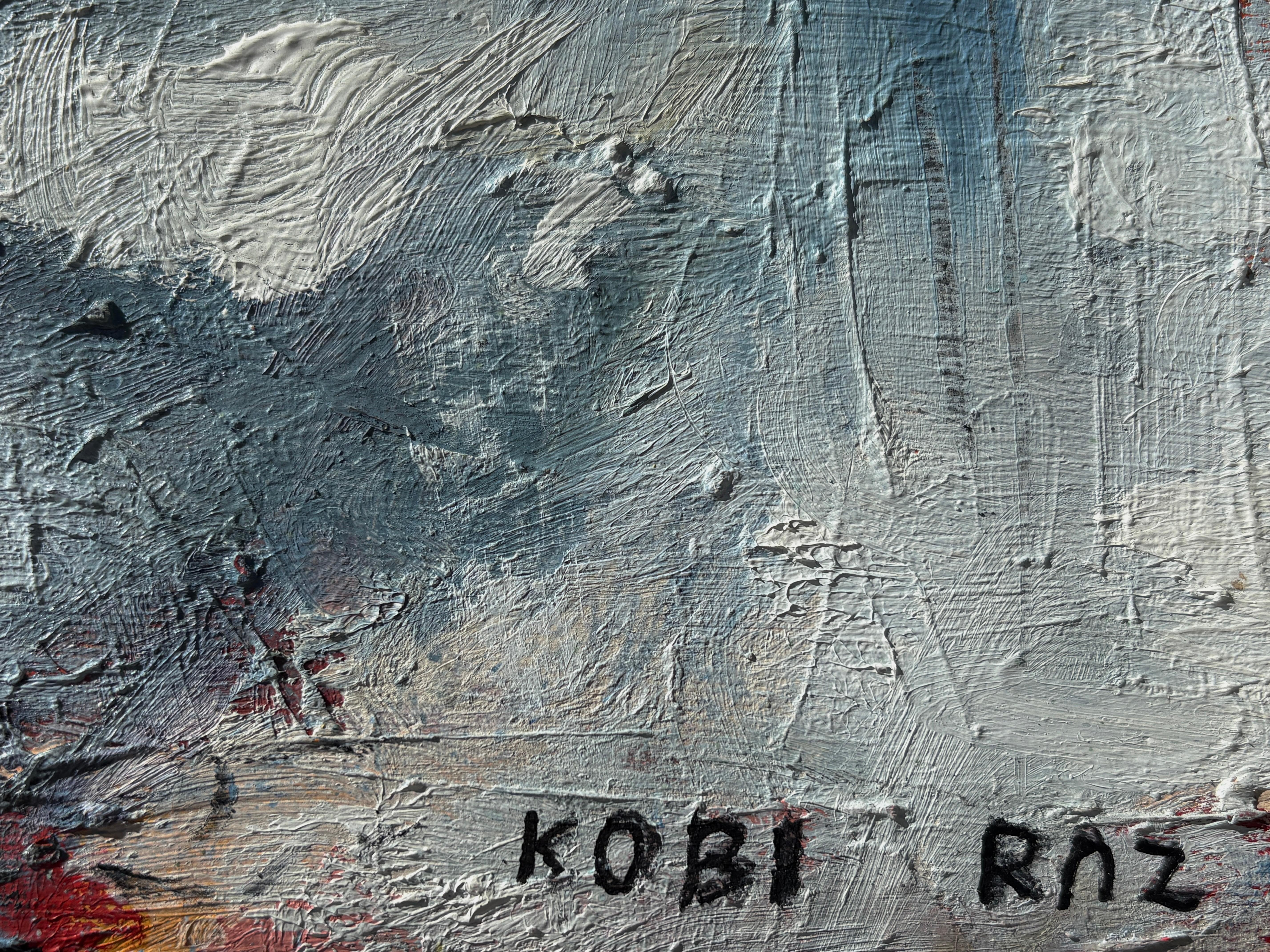 'Untitled' - Vibrant Blue, Pink, & Earth Tone Layered Textured Abstract Artwork For Sale 11