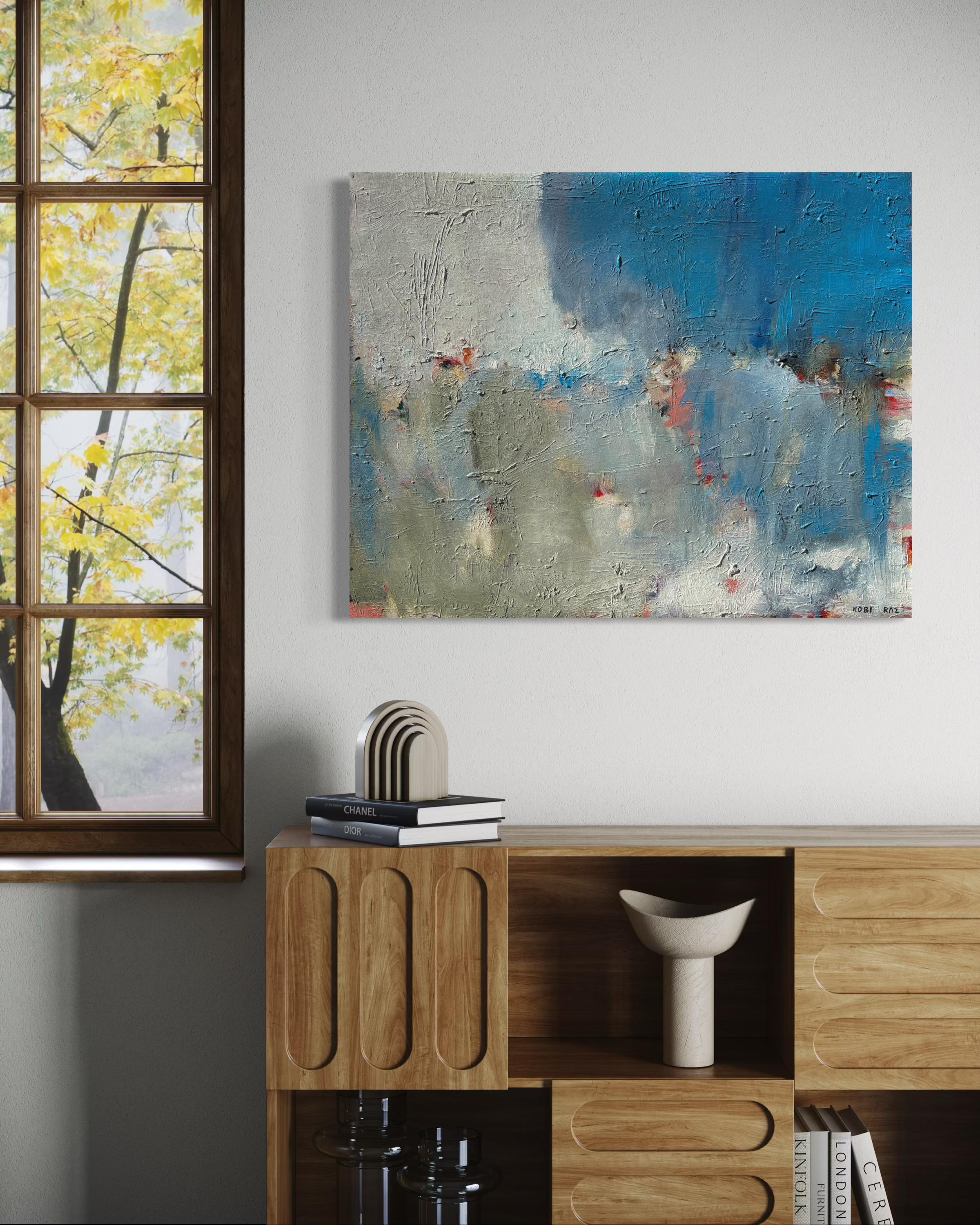 'Untitled' - Vibrant Blue, Pink, & Earth Tone Layered Textured Abstract Artwork - Painting by Kobi Raz