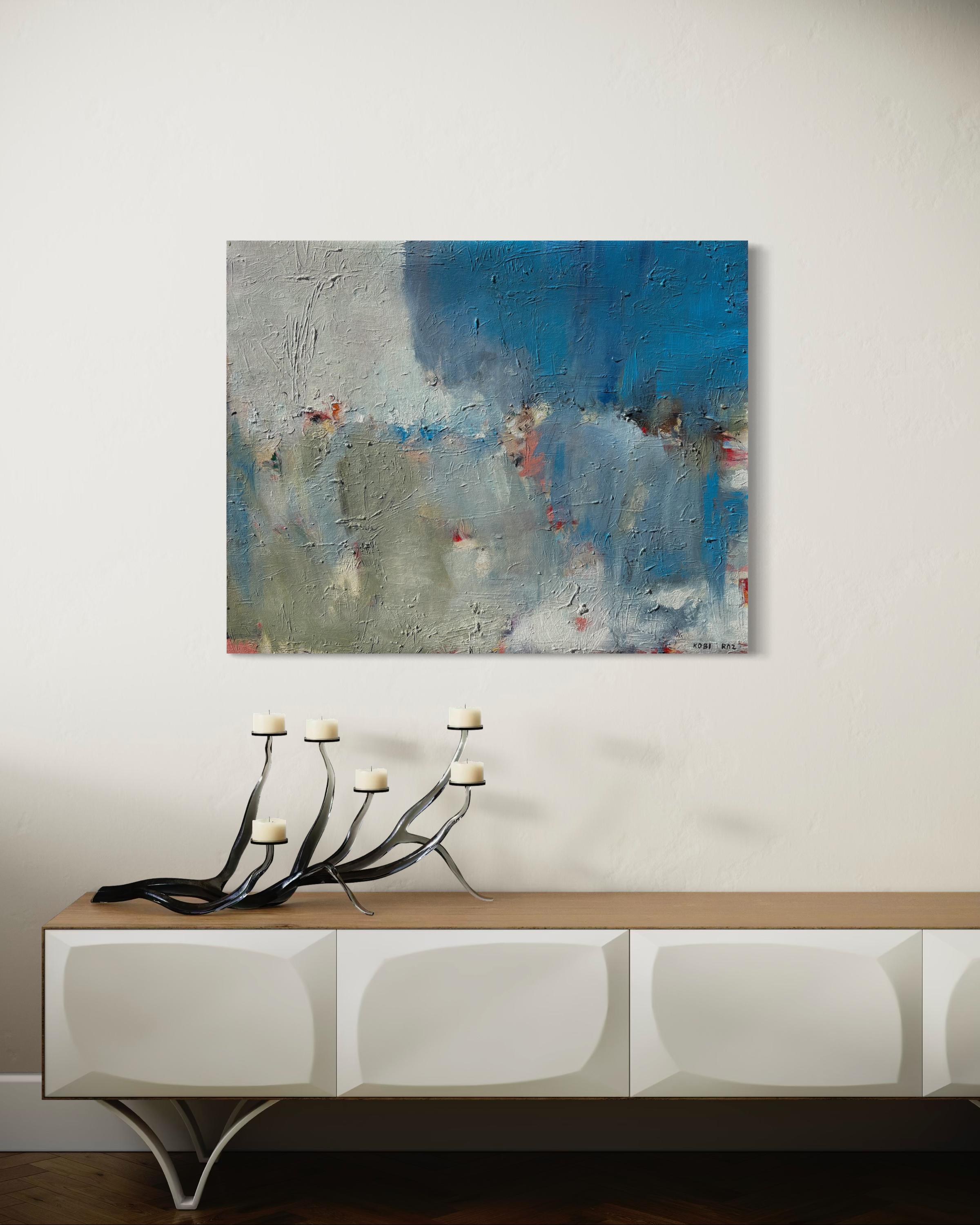 'Untitled' - Vibrant Blue, Pink, & Earth Tone Layered Textured Abstract Artwork For Sale 12