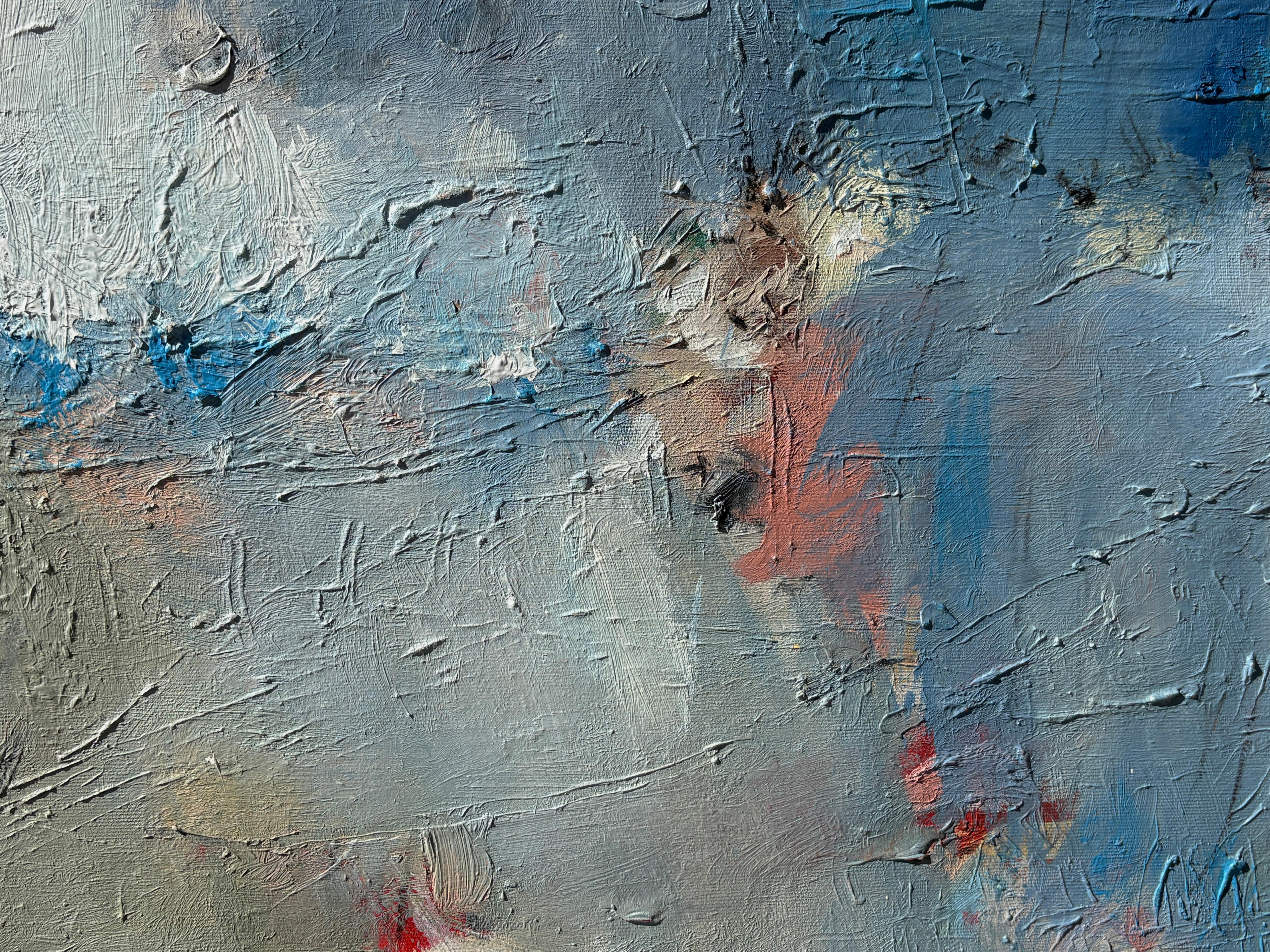 'Untitled' - Vibrant Blue, Pink, & Earth Tone Layered Textured Abstract Artwork For Sale 1