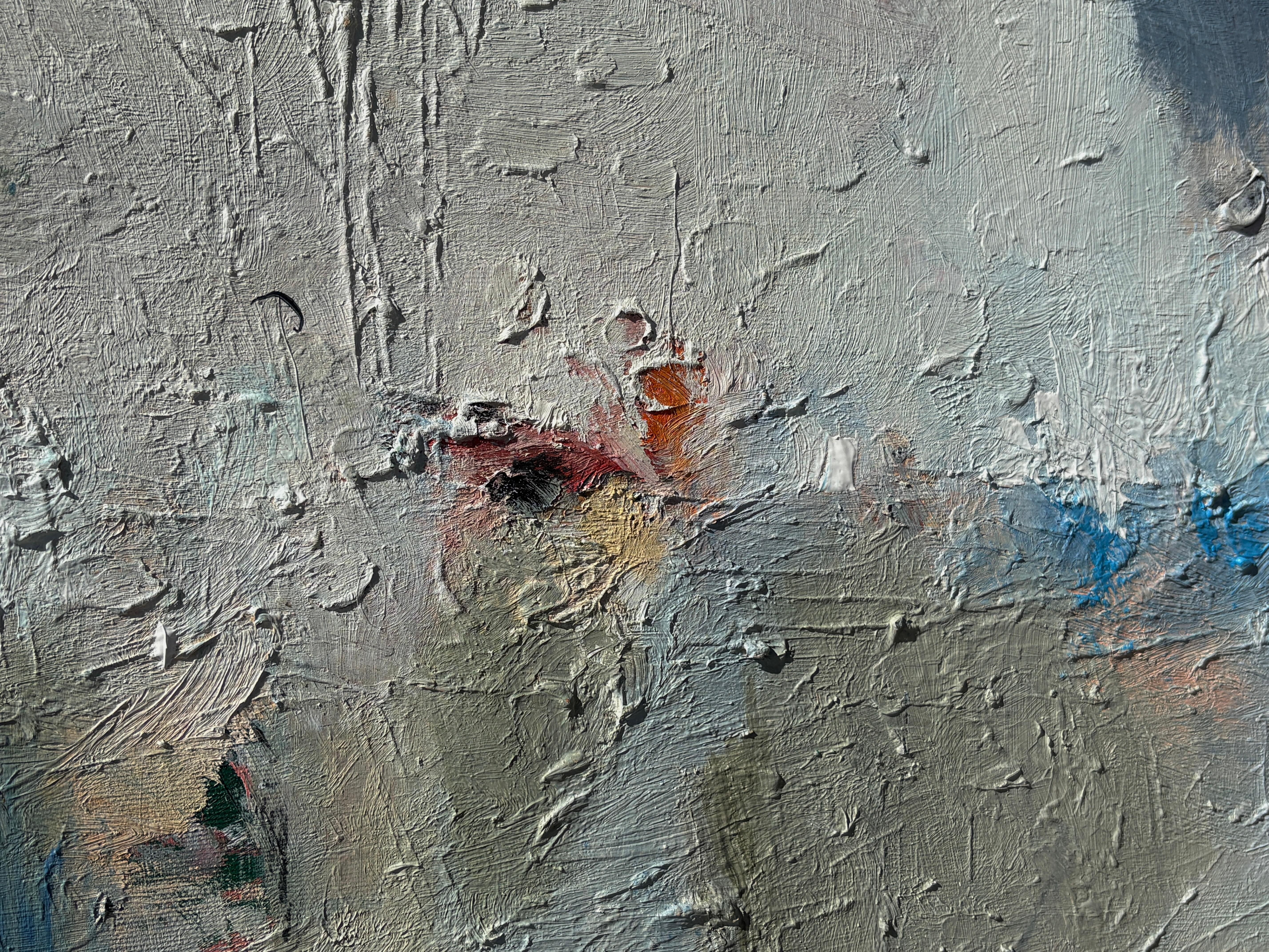 'Untitled' - Vibrant Blue, Pink, & Earth Tone Layered Textured Abstract Artwork For Sale 2