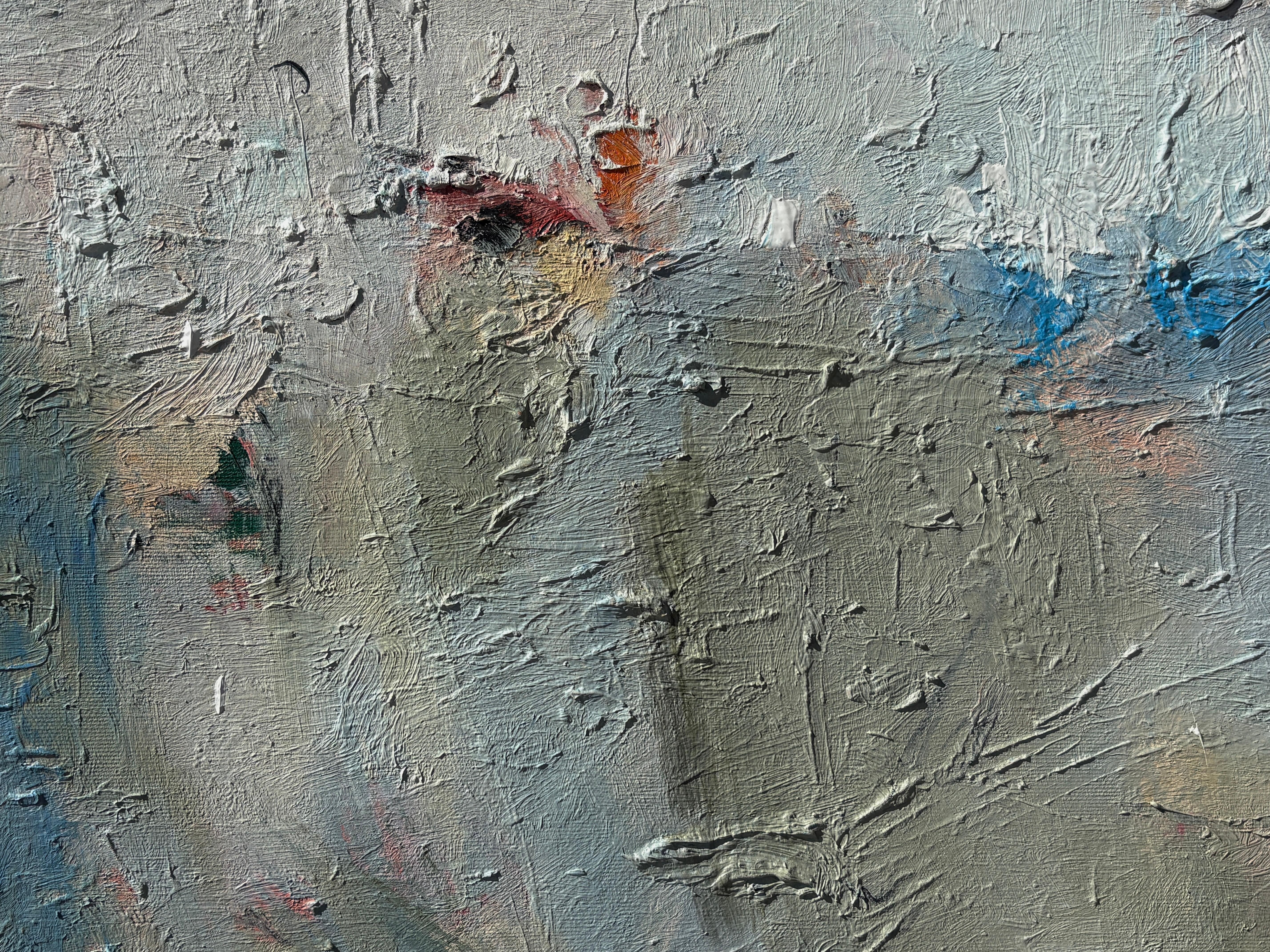 'Untitled' - Vibrant Blue, Pink, & Earth Tone Layered Textured Abstract Artwork For Sale 4