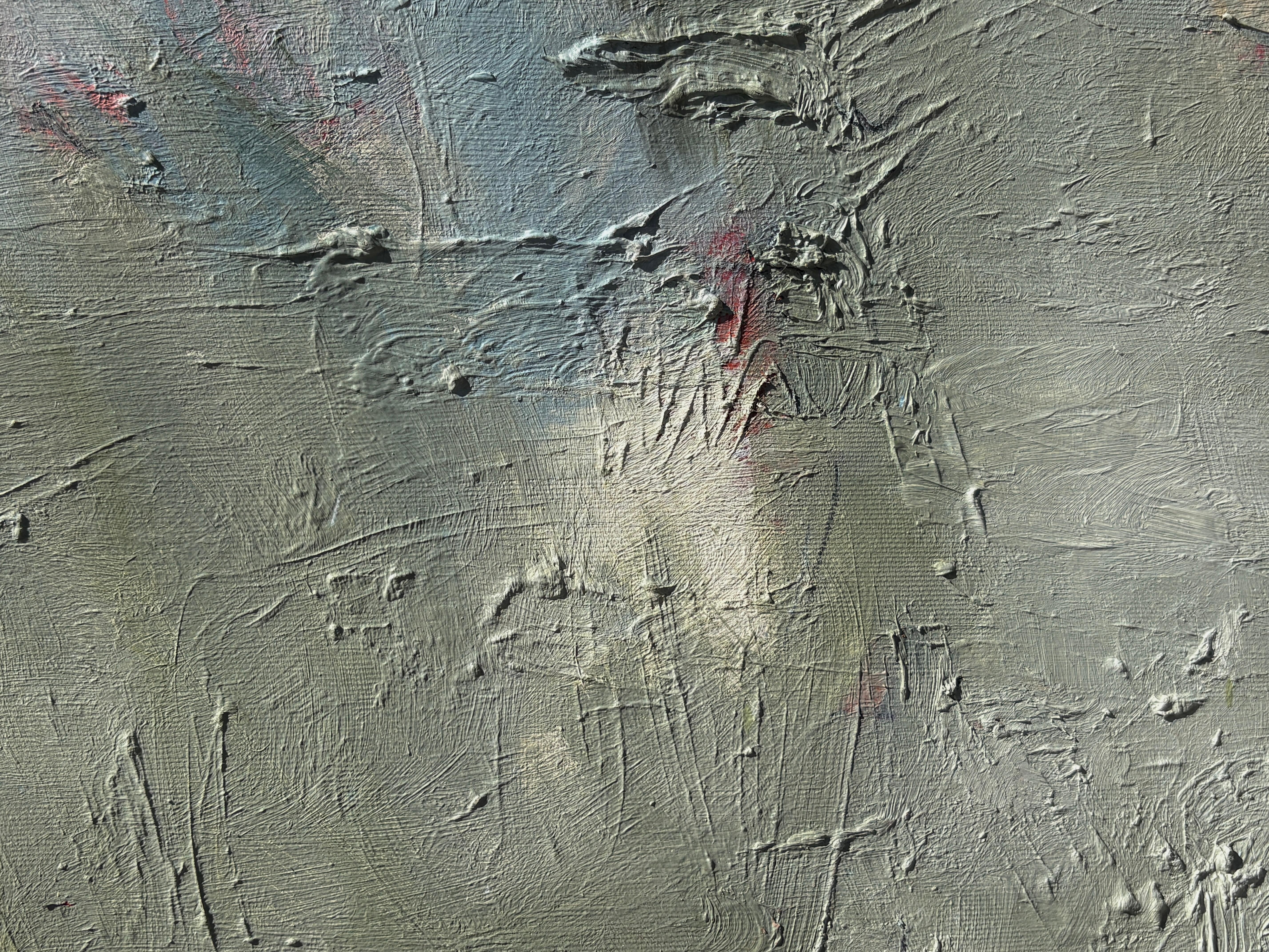 'Untitled' - Vibrant Blue, Pink, & Earth Tone Layered Textured Abstract Artwork For Sale 5