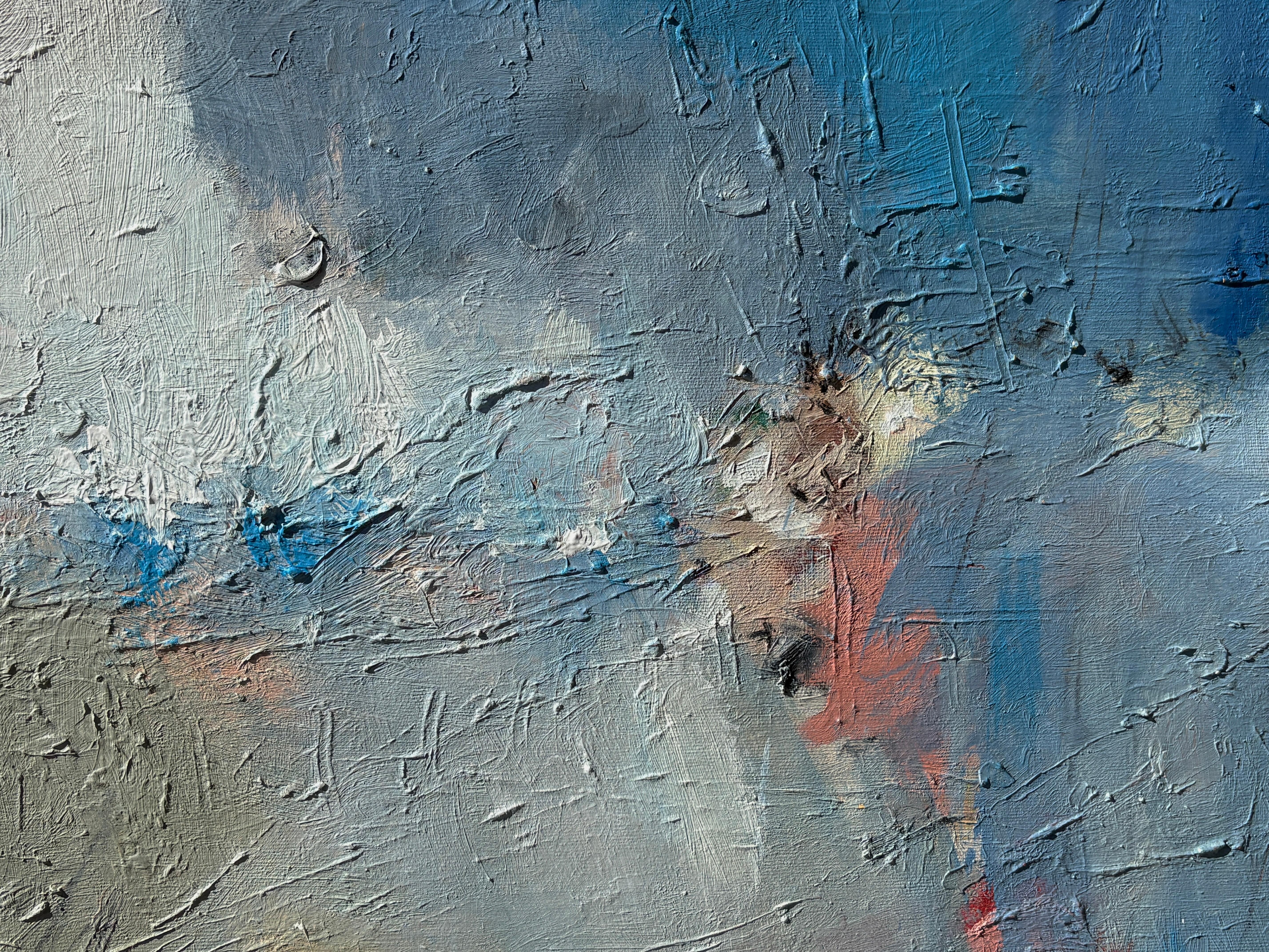 'Untitled' - Vibrant Blue, Pink, & Earth Tone Layered Textured Abstract Artwork For Sale 6